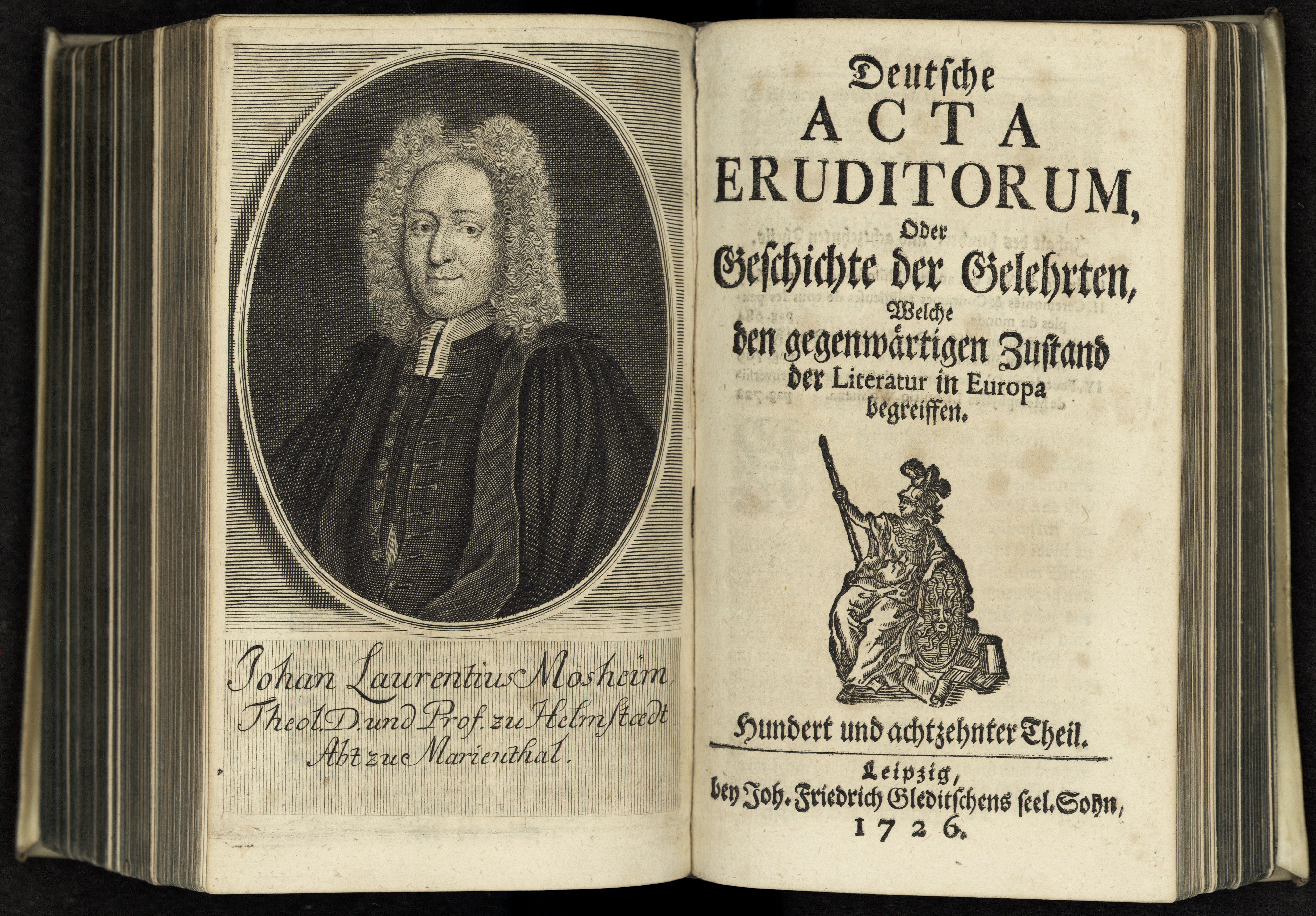 Porträt von Mosheim, Johann Lorenz von  (Deutsche Acta Eruditorum., 1726, 118. T., ungez. Bl. vor S. 665. [Doppelseite])
