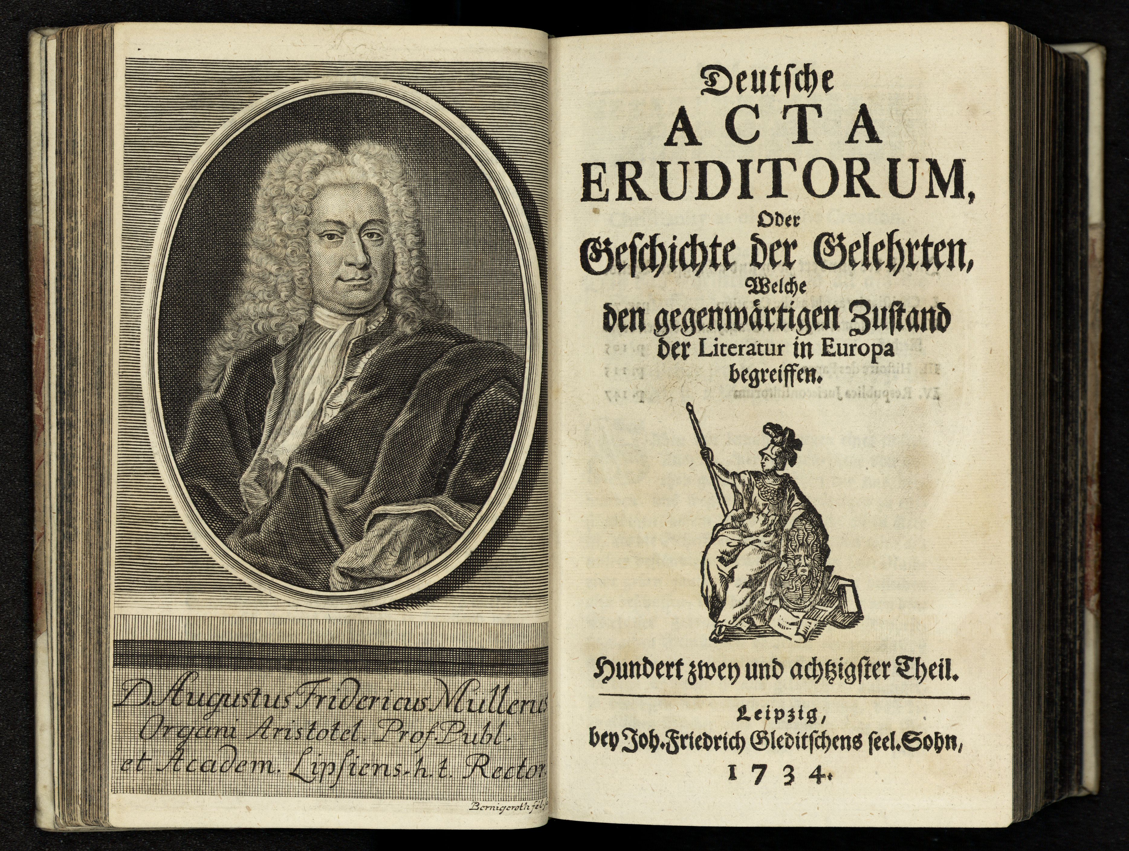 Porträt von Müller, August Friedrich  (Deutsche Acta Eruditorum., 1734, 182. T., ungez. Bl. vor S. 77. [Doppelseite])