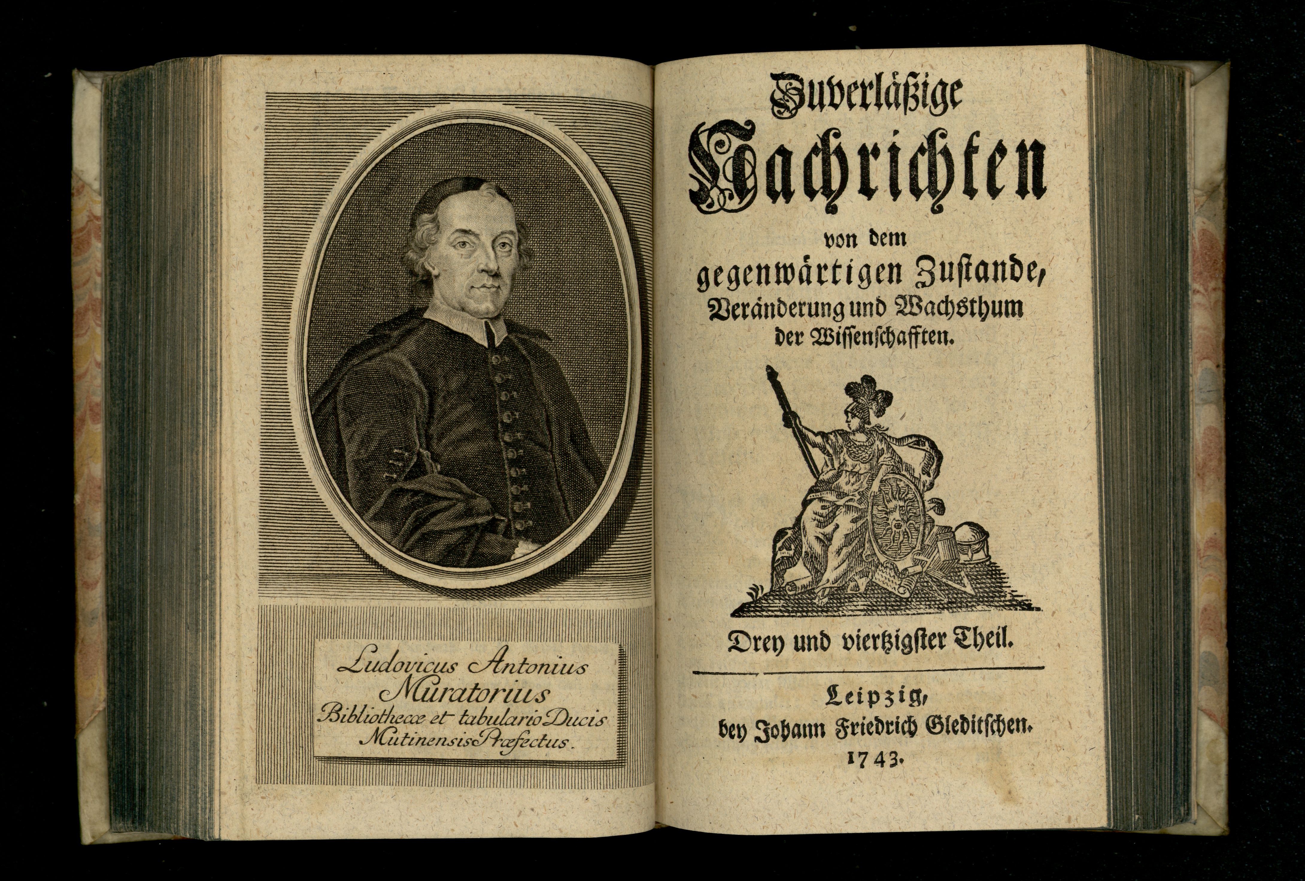 Porträt von Muratori, Lodovico Antonio  (Zuverläßige Nachrichten von dem gegenwärtigen Zustande der Wissenschaften., 1743, 43. T., ungez. Bl. vor S. 457. [Doppelseite])