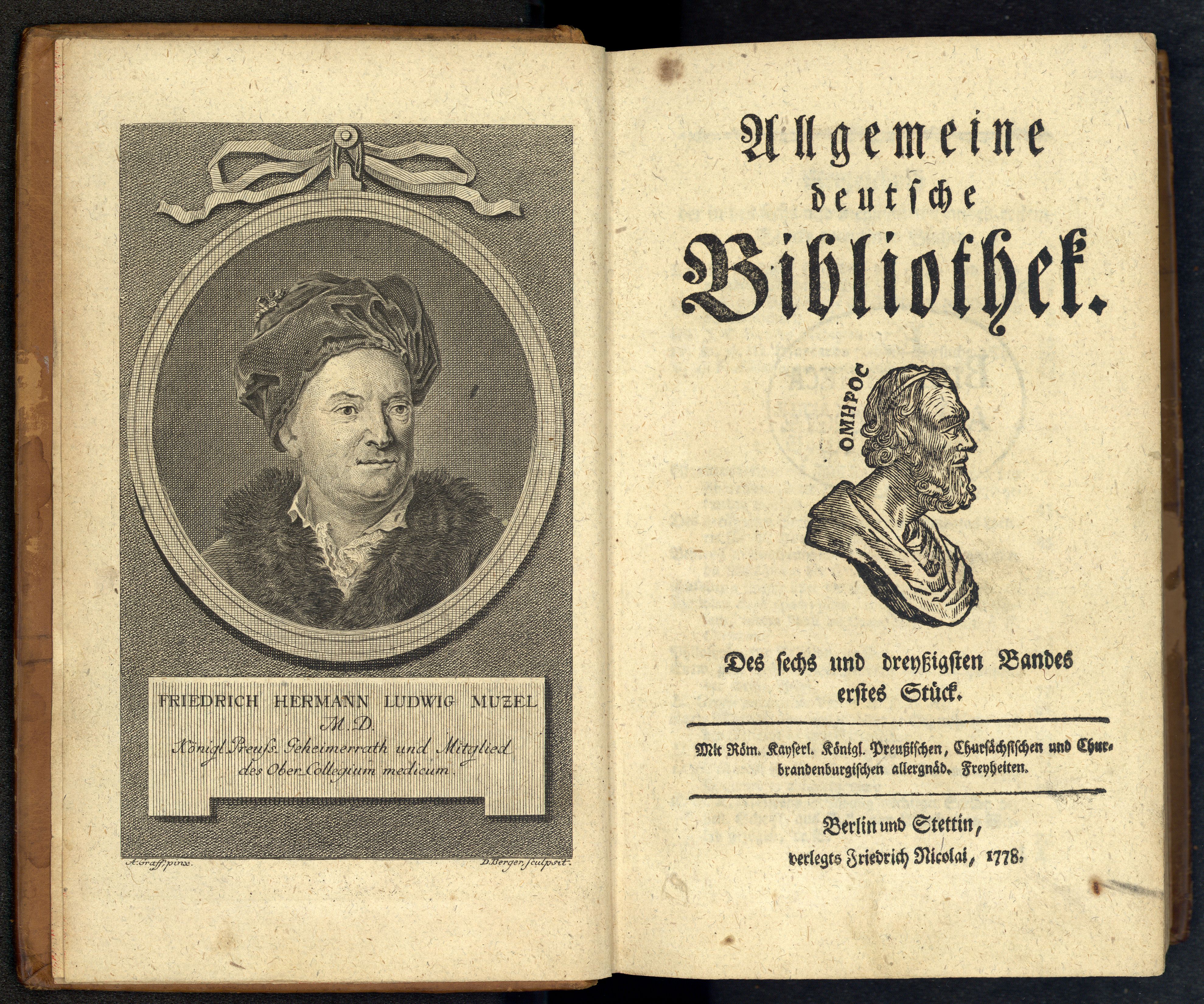 Porträt von Muzel, Friedrich Hermann Ludwig  (Allgemeine deutsche Bibliothek., 1778, 36. Bd., 1. St., ungez. Bl. am Anf. d. Bandes. [Doppelseite])