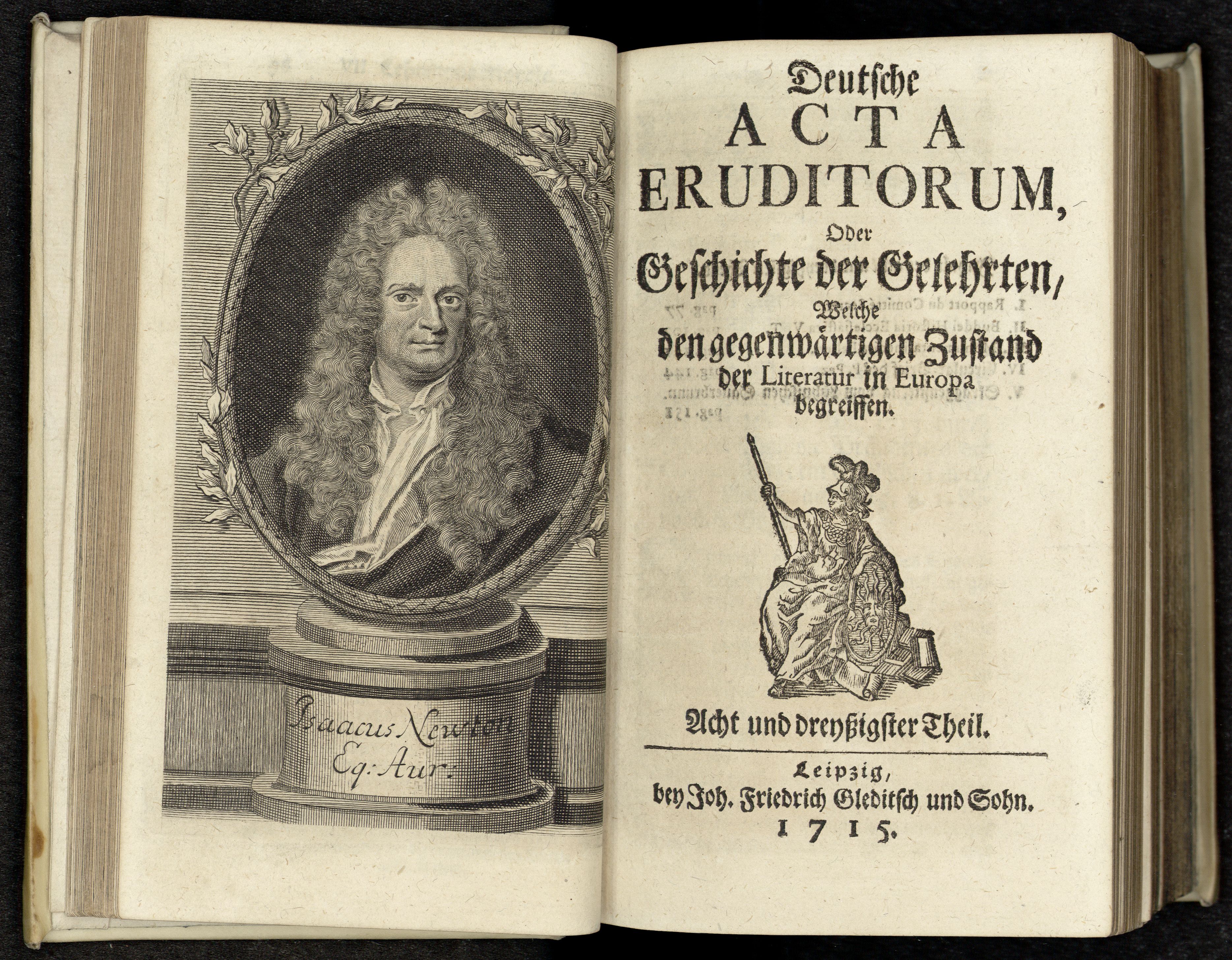Porträt von Newton, Isaac  (Deutsche Acta Eruditorum., 1715, 38. T., ungez. Bl. vor S. 77. [Doppelseite])