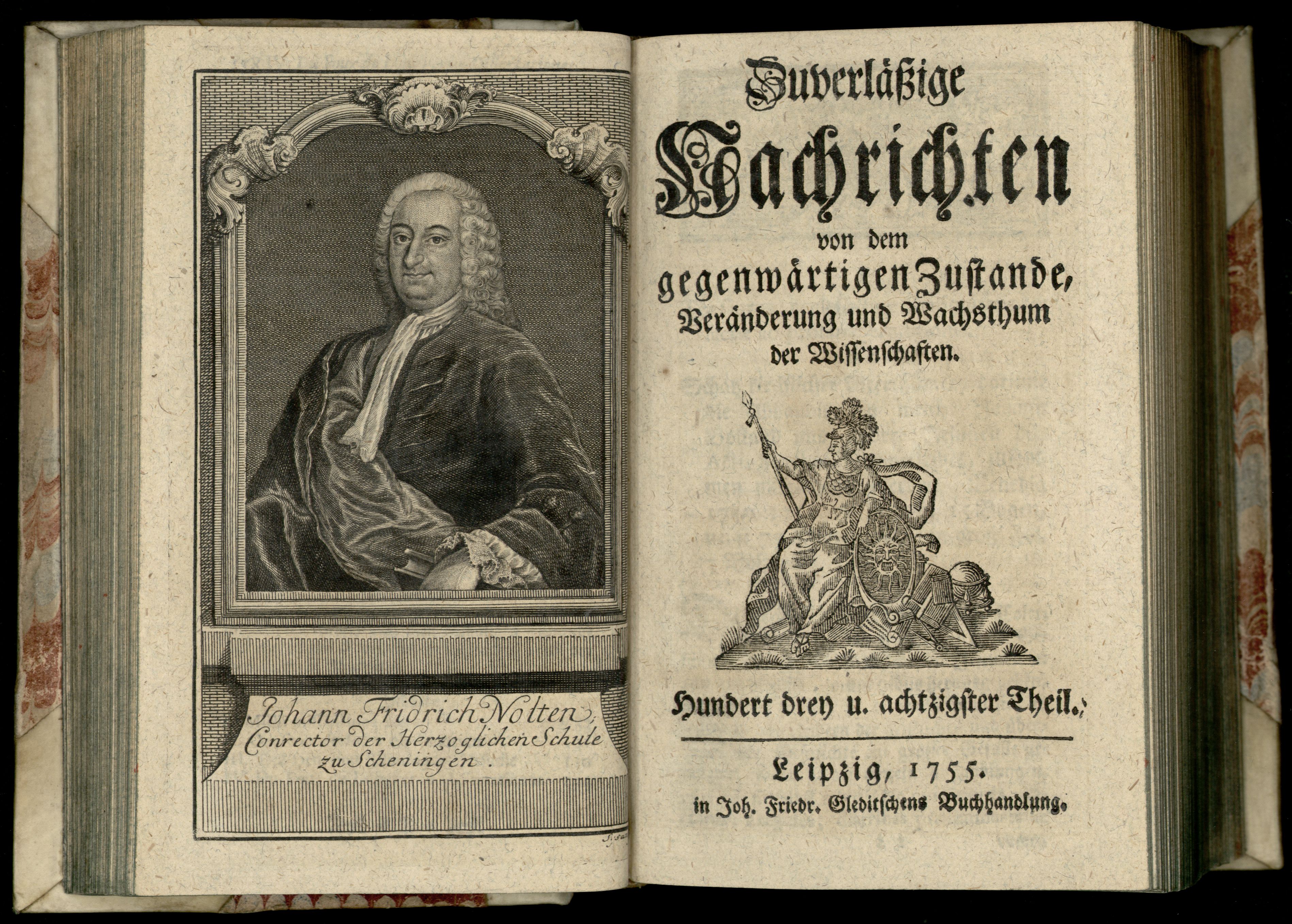 Porträt von Nolte, Johann Friedrich  (Zuverläßige Nachrichten von dem gegenwärtigen Zustande der Wissenschaften., 1755, 183. T., ungez. Bl. vor S. 160. [Doppelseite])