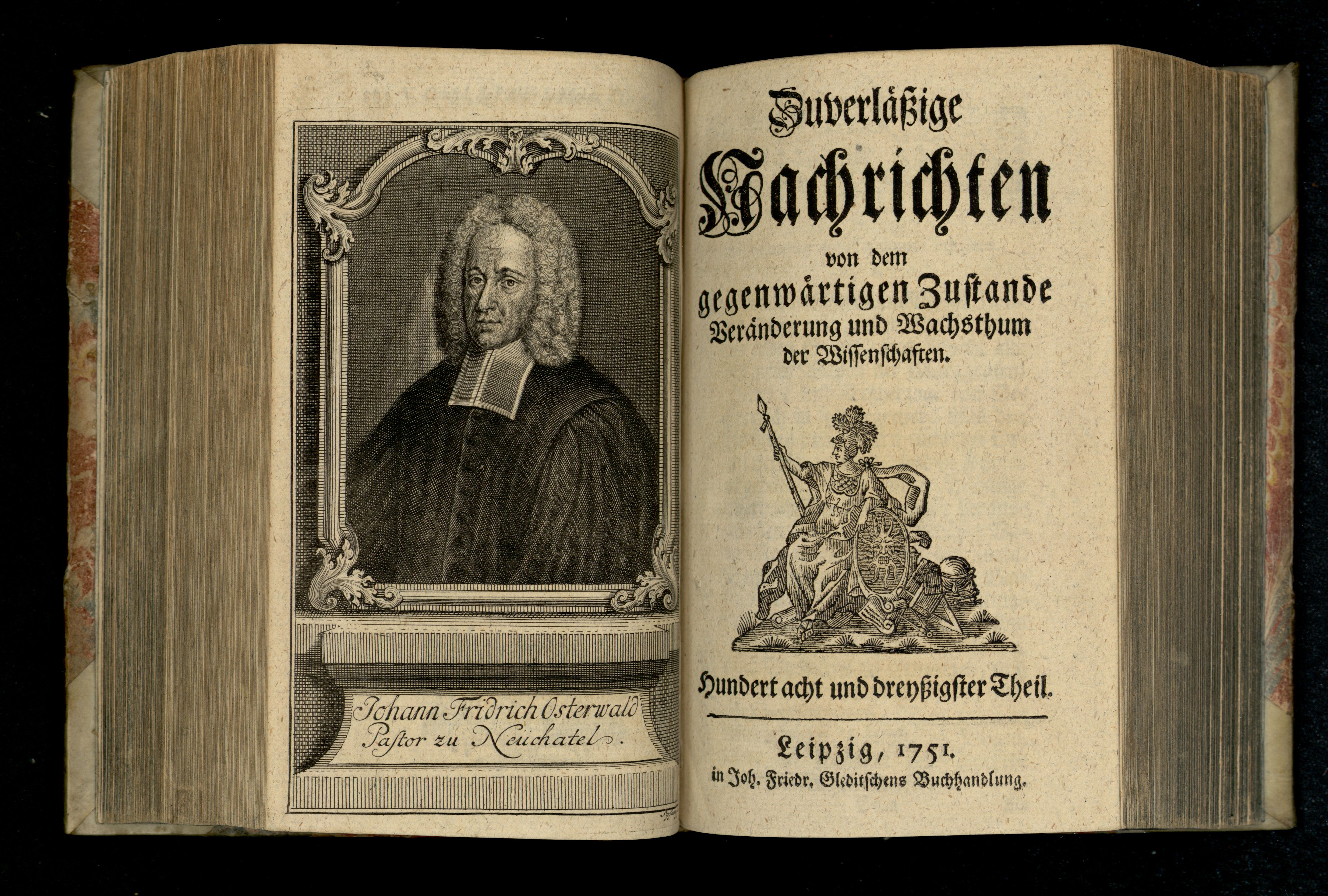 Porträt von Ostervald, Jean Frédéric  (Zuverläßige Nachrichten von dem gegenwärtigen Zustande der Wissenschaften., 1751, 138. T., ungez. Bl. vor S. 286. [Doppelseite])