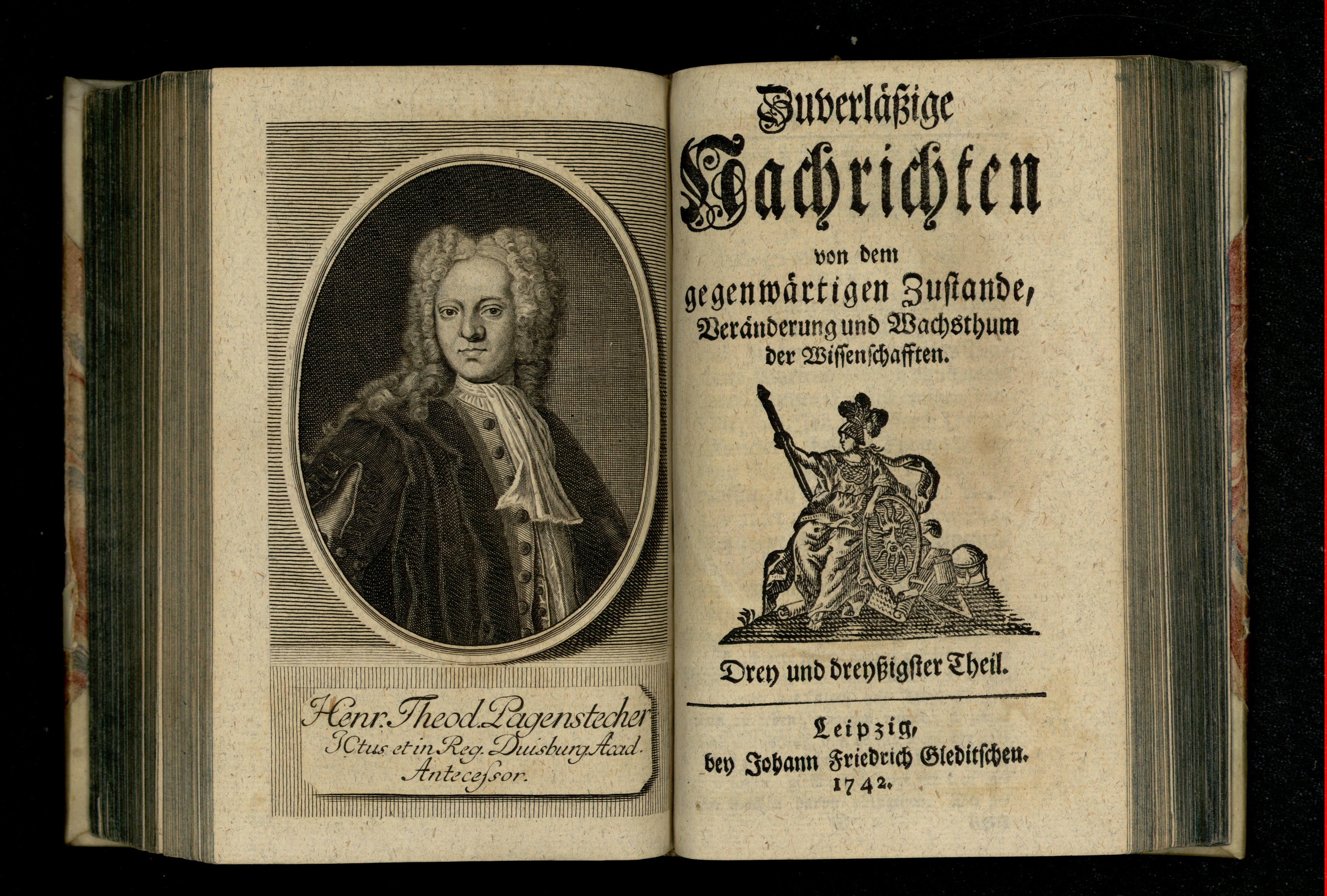 Porträt von Pagenstecher, Heinrich Theodor  (Zuverläßige Nachrichten von dem gegenwärtigen Zustande der Wissenschaften., 1742, 33. T., ungez. Bl. vor S. 671. [Doppelseite])