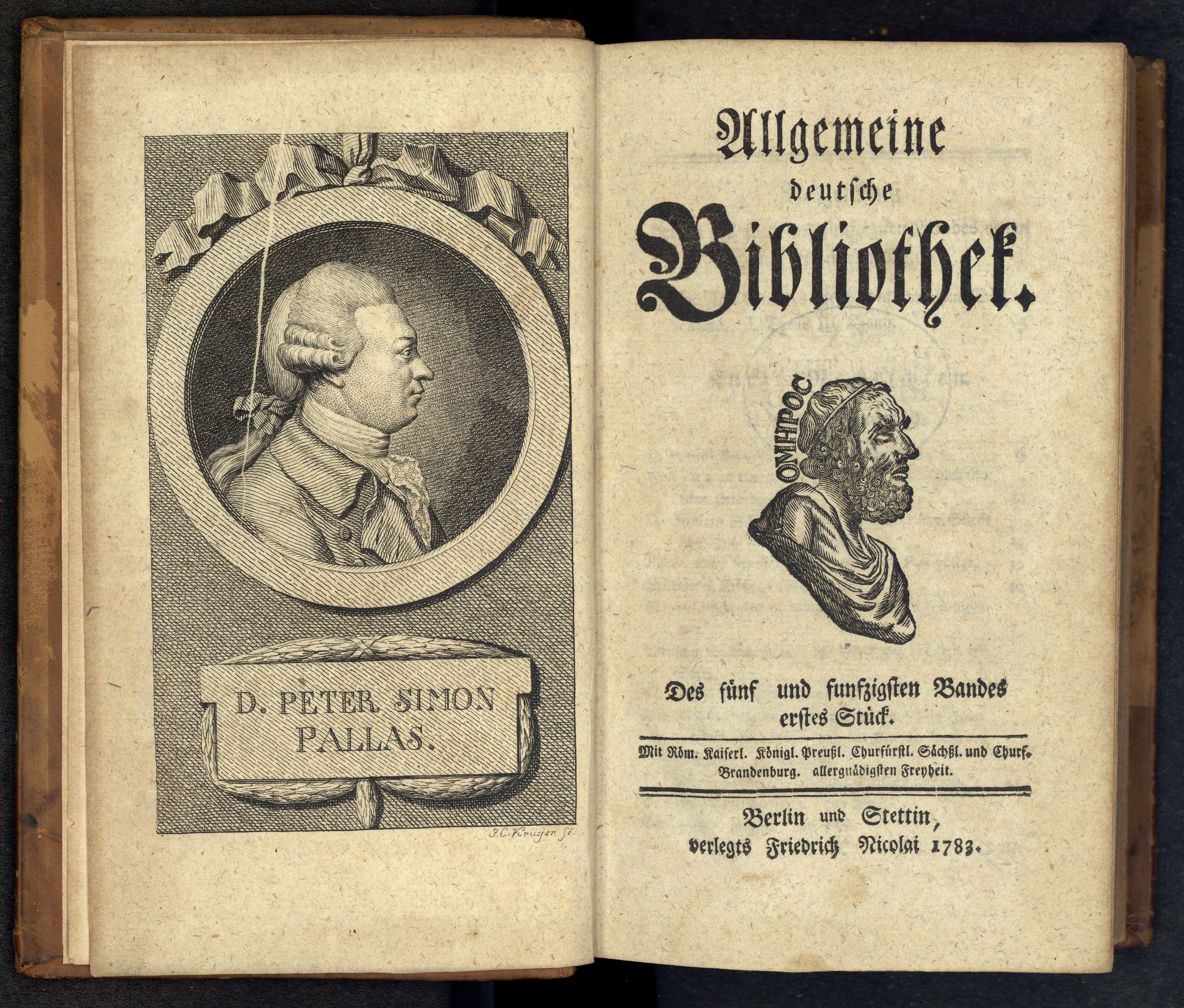 Porträt von Pallas, Peter Simon  (Allgemeine deutsche Bibliothek., 1783, 55. Bd., 1. St., ungez. Bl. am Anf. d. Bandes. [Doppelseite])
