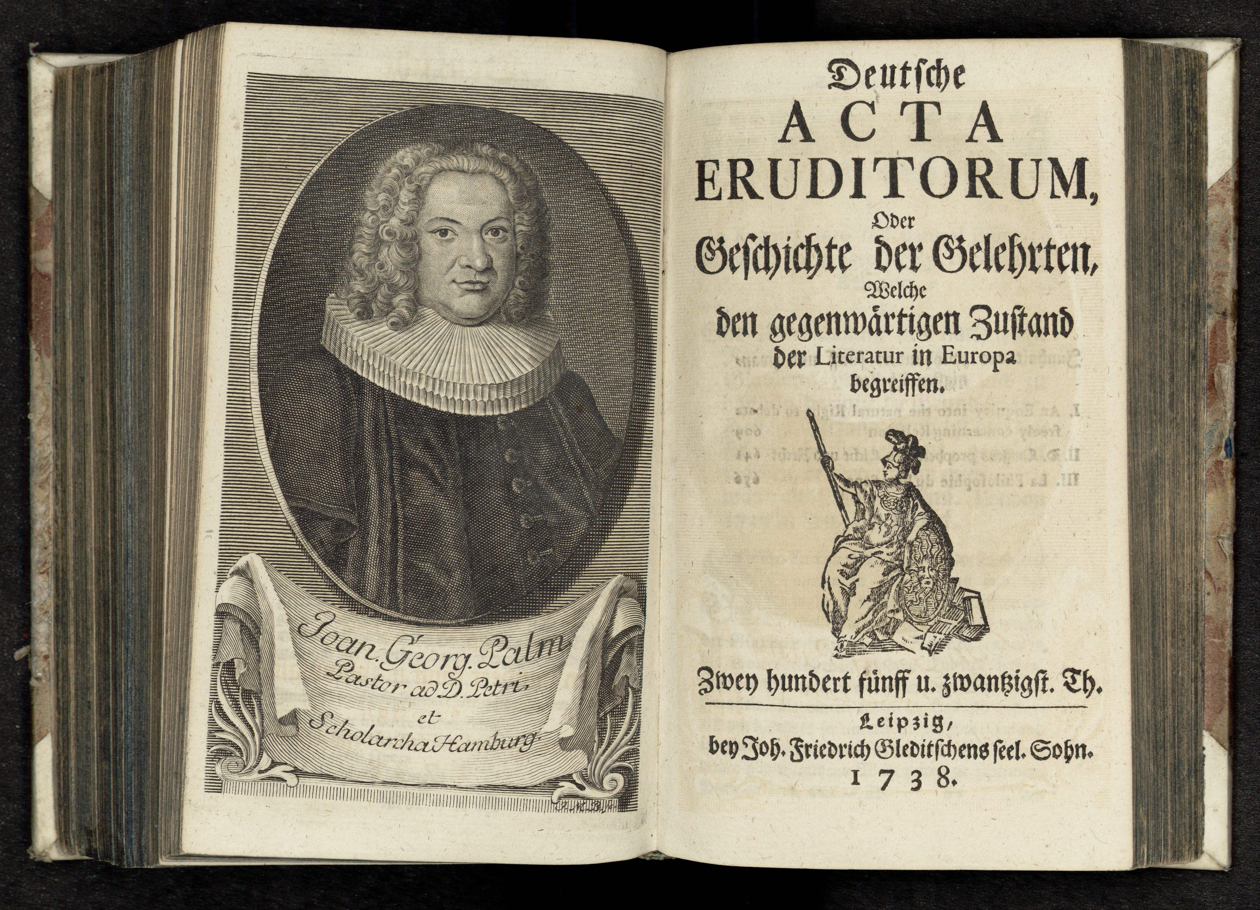 Porträt von Palm, Johann Georg  (Deutsche Acta Eruditorum., 1738, 225. T., ungez. Bl. vor S. 609. [Doppelseite])