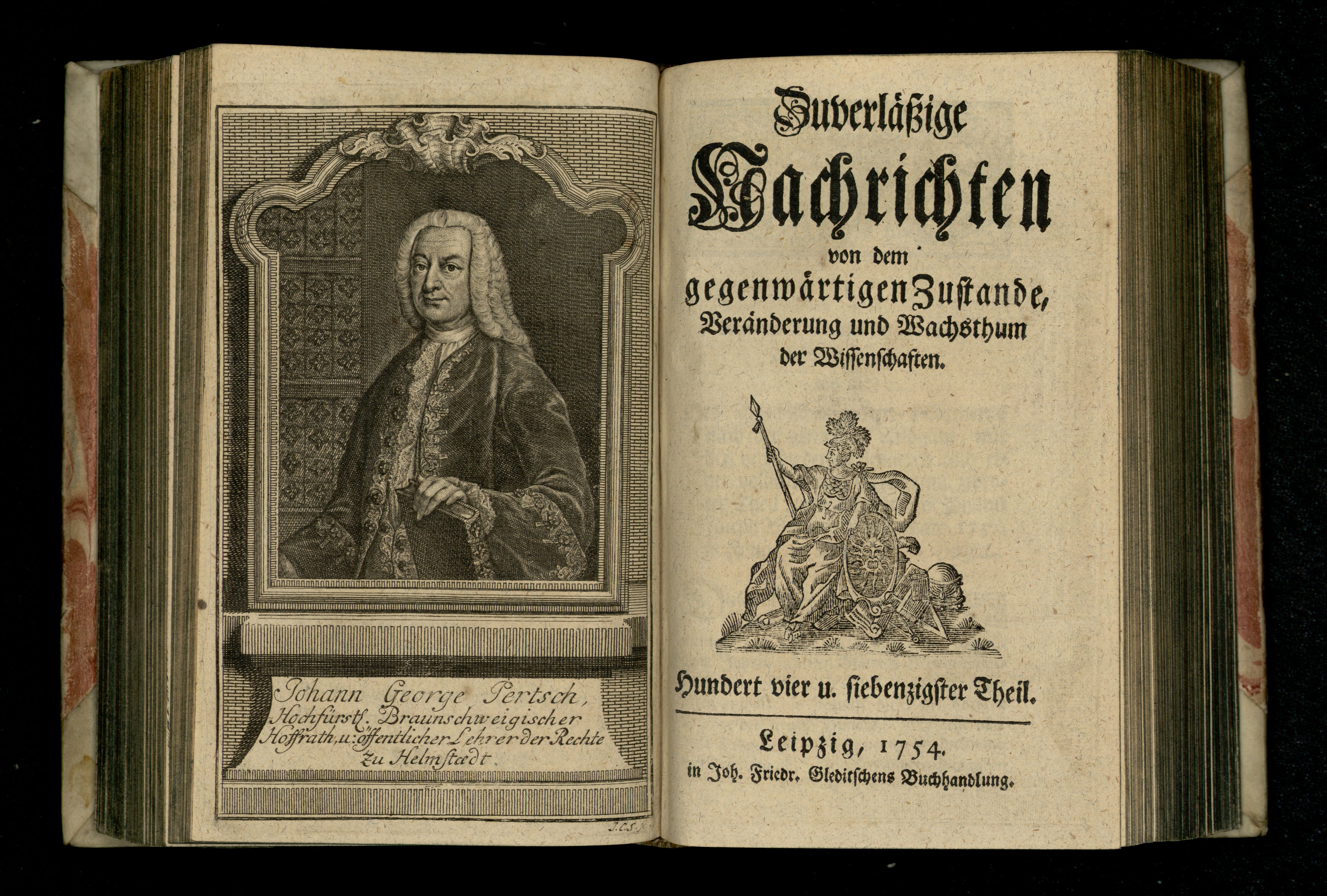 Porträt von Pertsch, Johann Georg  (Zuverläßige Nachrichten von dem gegenwärtigen Zustande der Wissenschaften., 1754, 174. T., ungez. Bl. vor S. 394. [Doppelseite])