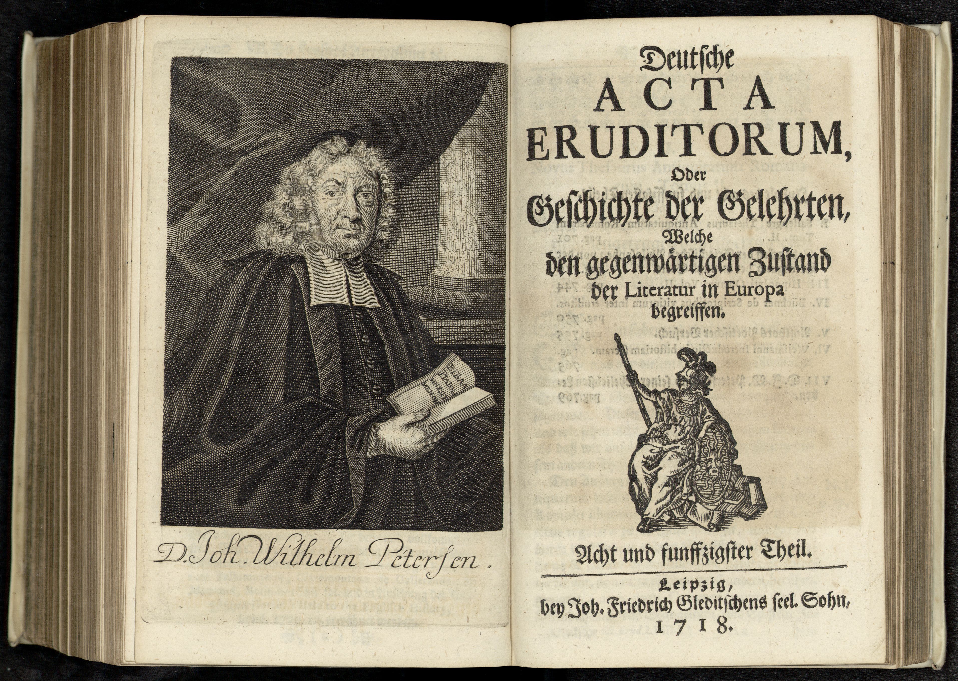 Porträt von Petersen, Johann Wilhelm  (Deutsche Acta Eruditorum., 1718, 58. T., ungez. Bl. vor S. 701. [Doppelseite])
