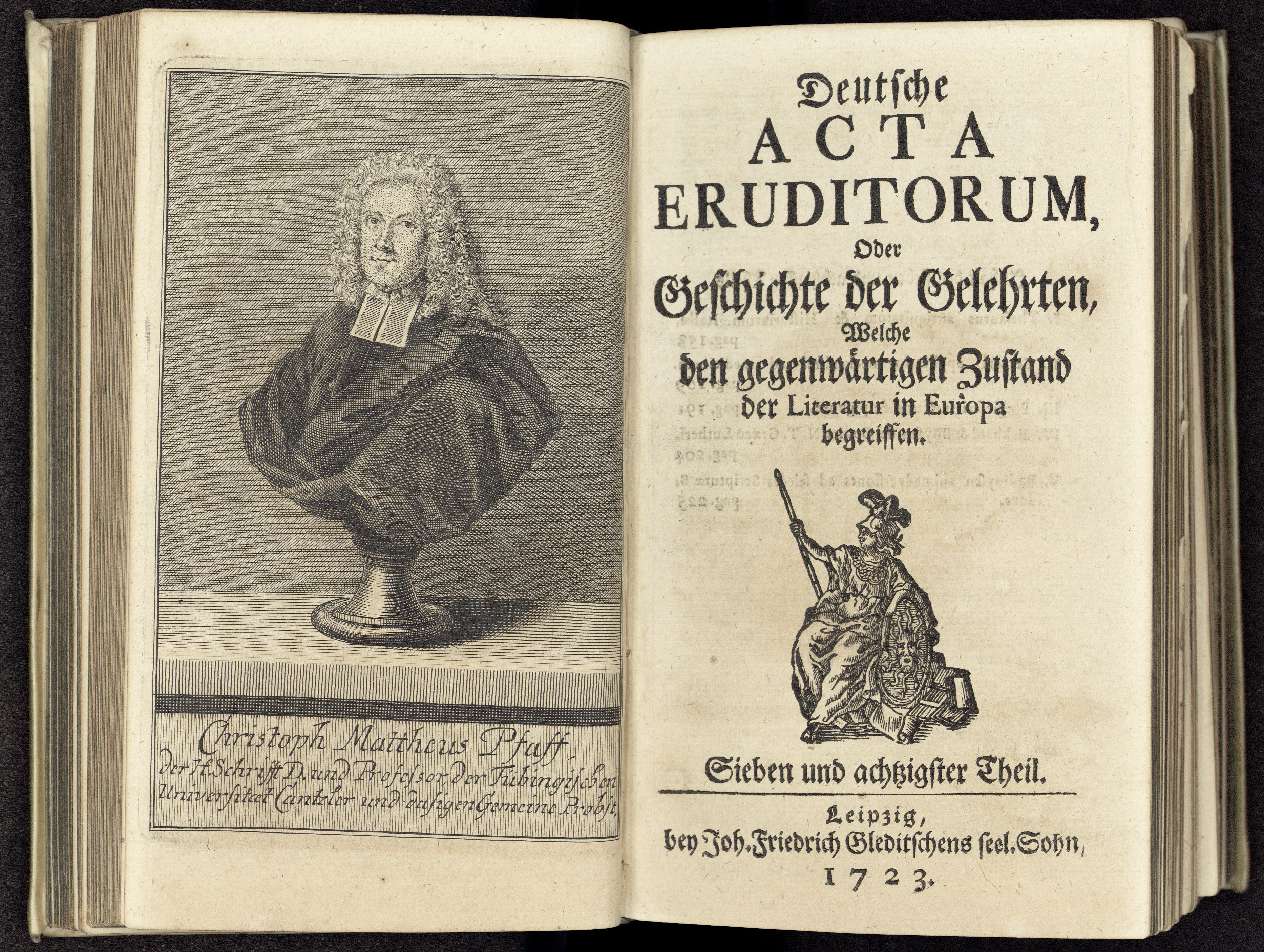 Porträt von Pfaff, Christoph Matthaeus  (Deutsche Acta Eruditorum., 1723, 87. T., ungez. Bl. vor S. 153. [Doppelseite])