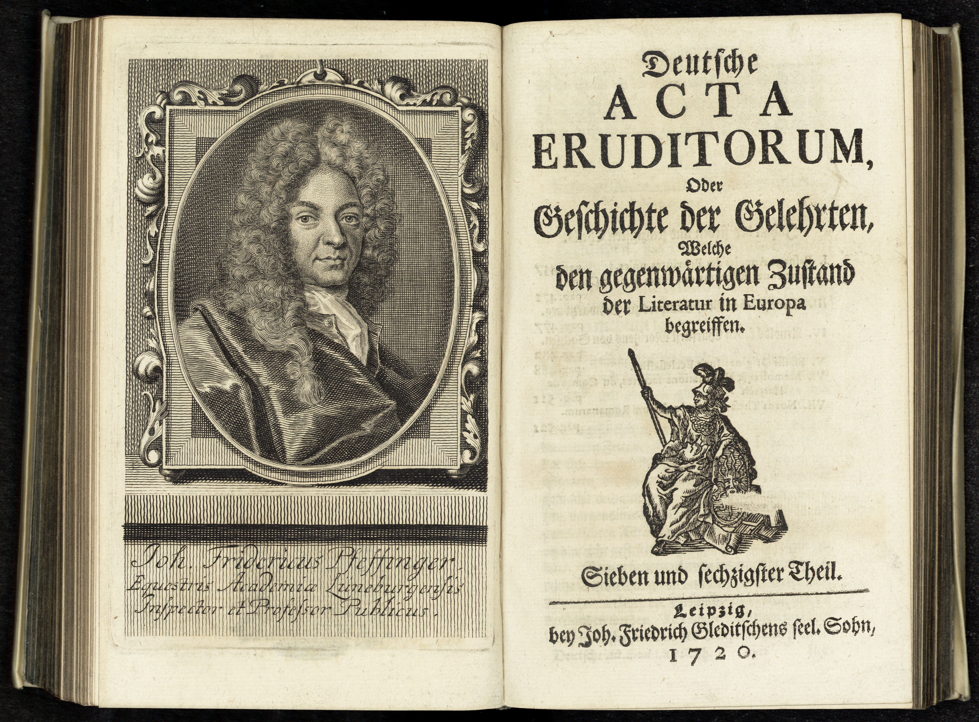 Porträt von Pfeffinger, Johann Friedrich  (Deutsche Acta Eruditorum., 1720, 67. T., ungez. Bl. vor S. 457. [Doppelseite])
