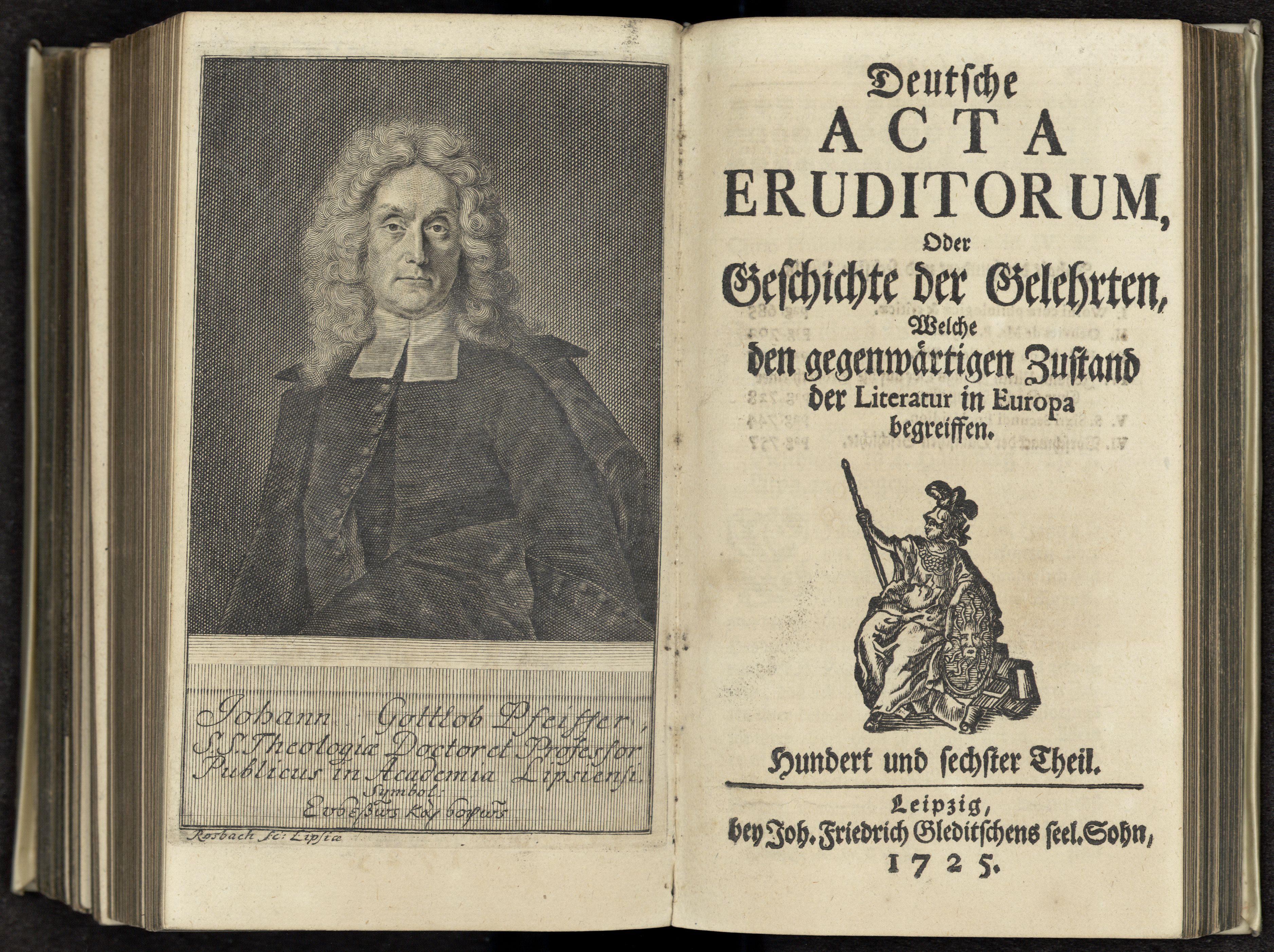 Porträt von Pfeiffer, Johann Gottlob  (Deutsche Acta Eruditorum., 1725, 106. T., ungez. Bl. vor S. 685. [Doppelseite])