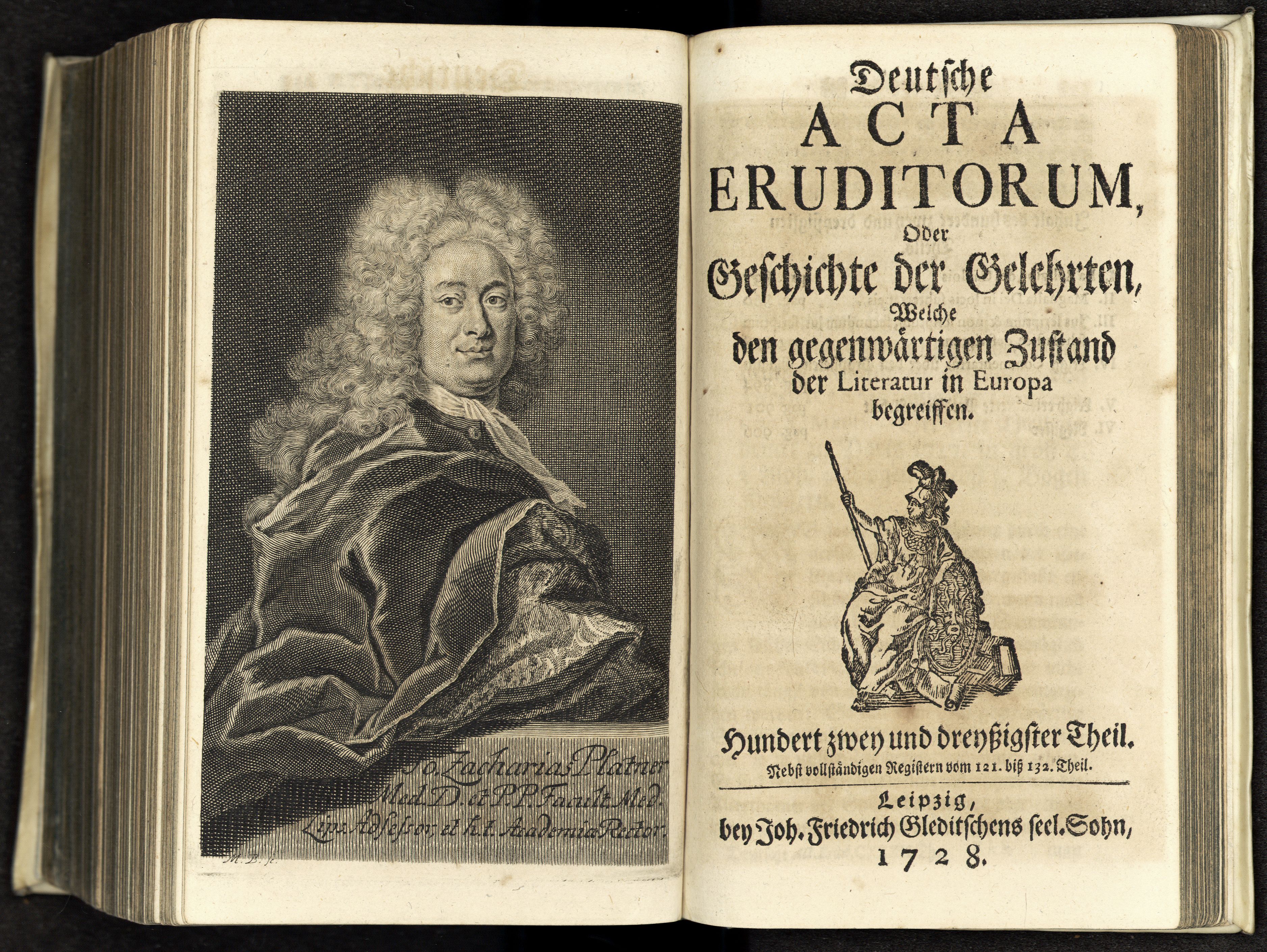 Porträt von Platner, Johann Zacharias  (Deutsche Acta Eruditorum., 1728, 132. T., ungez. Bl. vor S. 837. [Doppelseite])