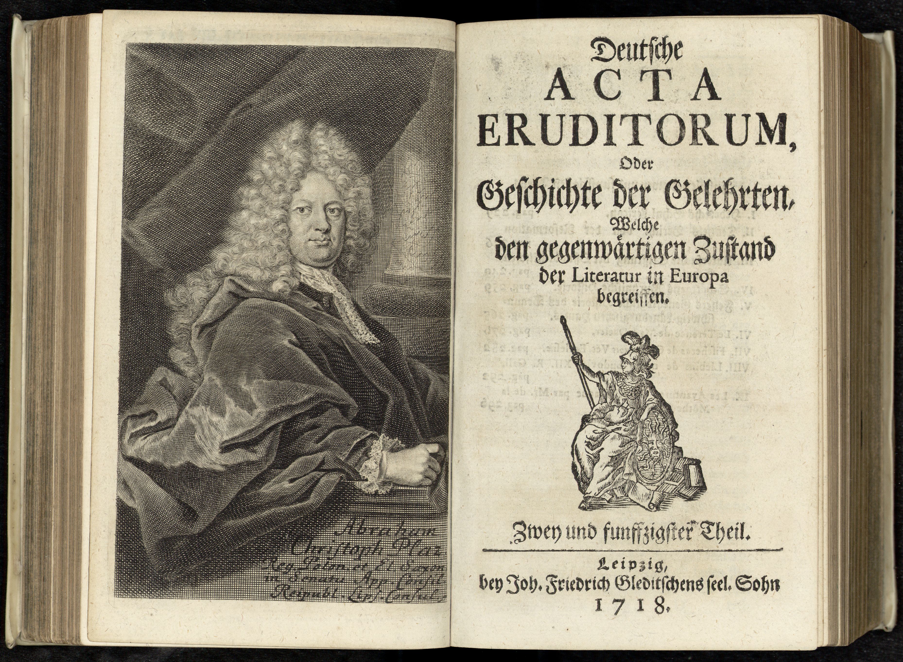 Porträt von Platz, Abraham Christoph  (Deutsche Acta Eruditorum., 1718, 52. T., ungez. Bl. vor S. 229. [Doppelseite])