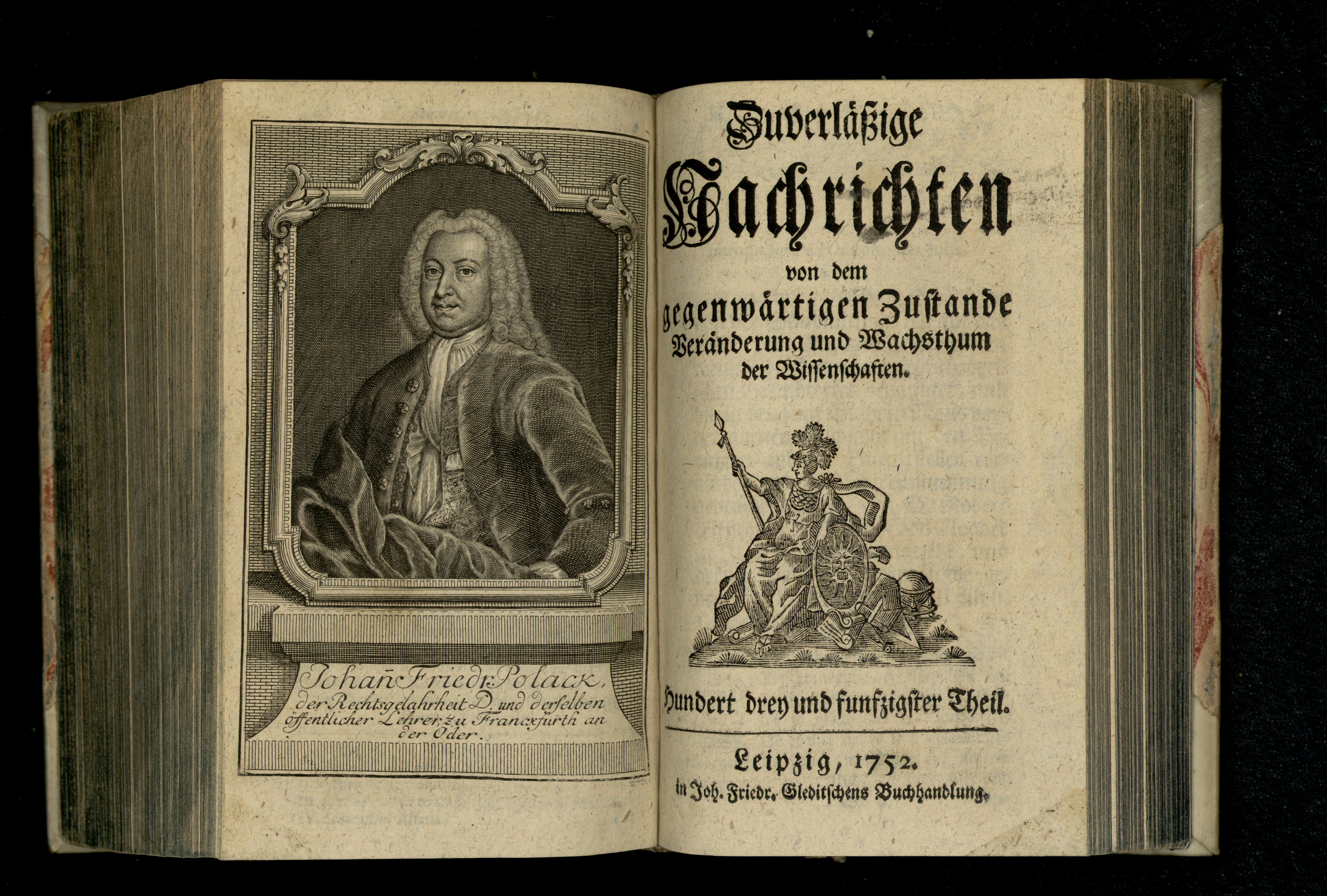 Porträt von Polack, Johann Friedrich  (Zuverläßige Nachrichten von dem gegenwärtigen Zustande der Wissenschaften., 1752, 153. T., ungez. Bl. vor S. 436. [Doppelseite])
