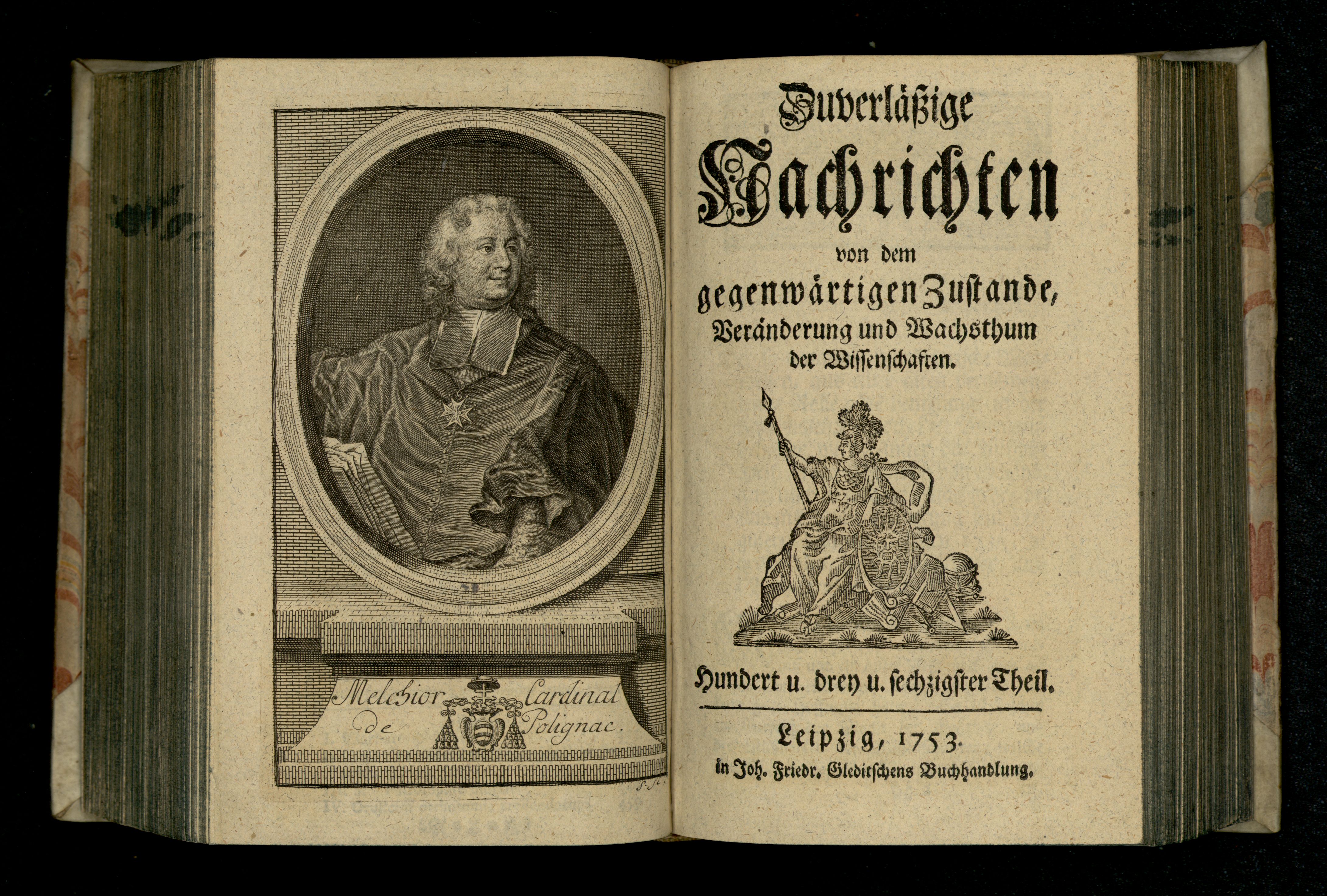 Porträt von Polignac, Melchior de  (Zuverläßige Nachrichten von dem gegenwärtigen Zustande der Wissenschaften., 1753, 163. T., ungez. Bl. vor S. 474. [Doppelseite])