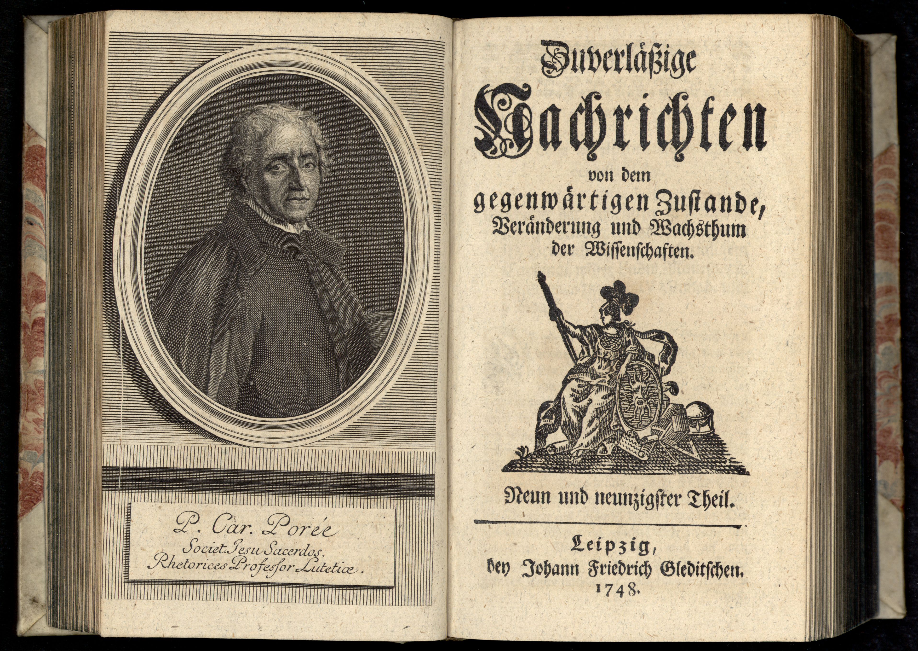 Porträt von Porée, Charles  (Zuverläßige Nachrichten von dem gegenwärtigen Zustande der Wissenschaften., 1748, 99. T., ungez. Bl. vor S. 160. [Doppelseite])