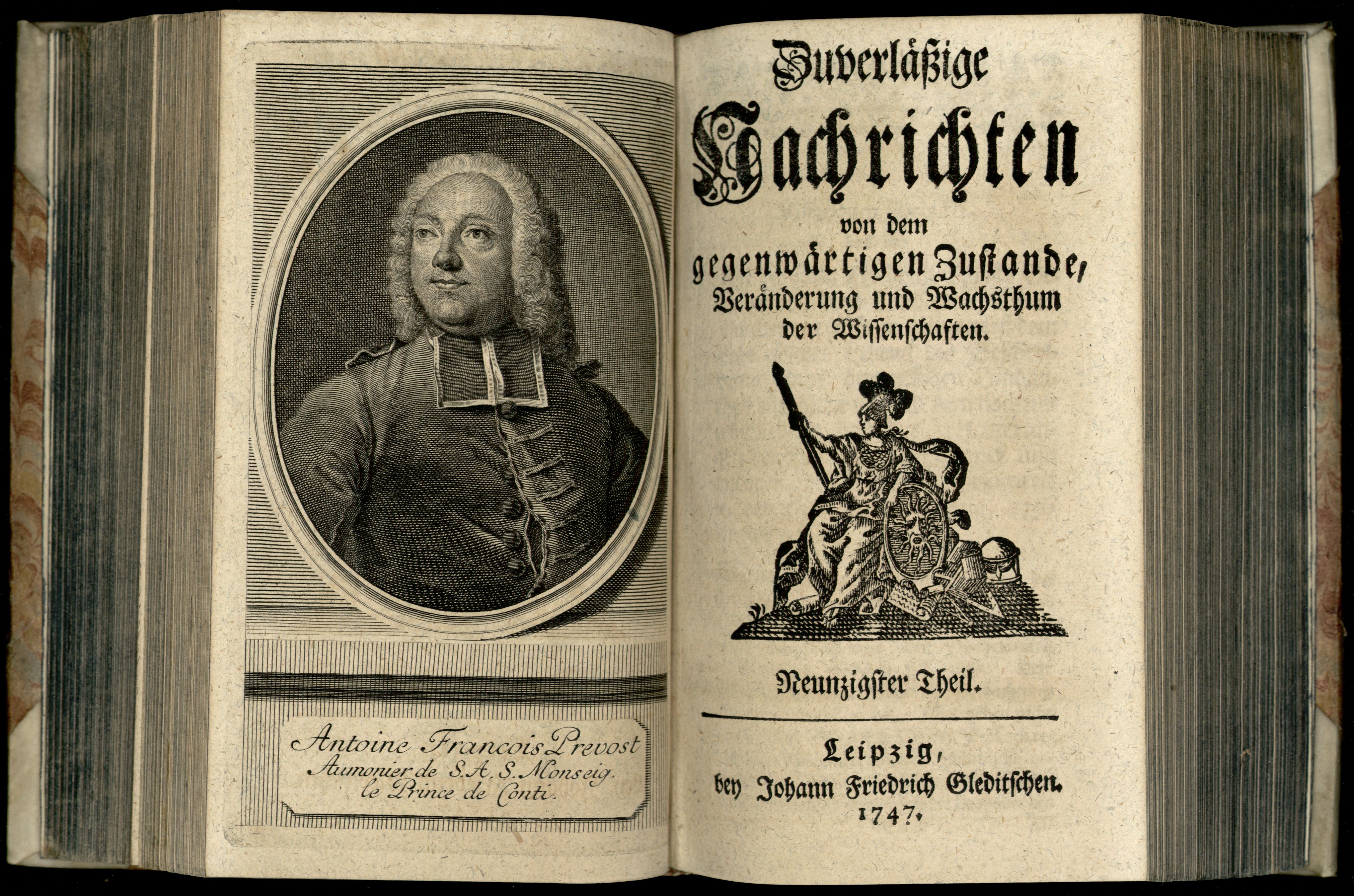 Porträt von Prévost d'Exilles, Antoine François  (Zuverläßige Nachrichten von dem gegenwärtigen Zustande der Wissenschaften., 1747, 90. T., ungez. Bl. vor S. 392. [Doppelseite])