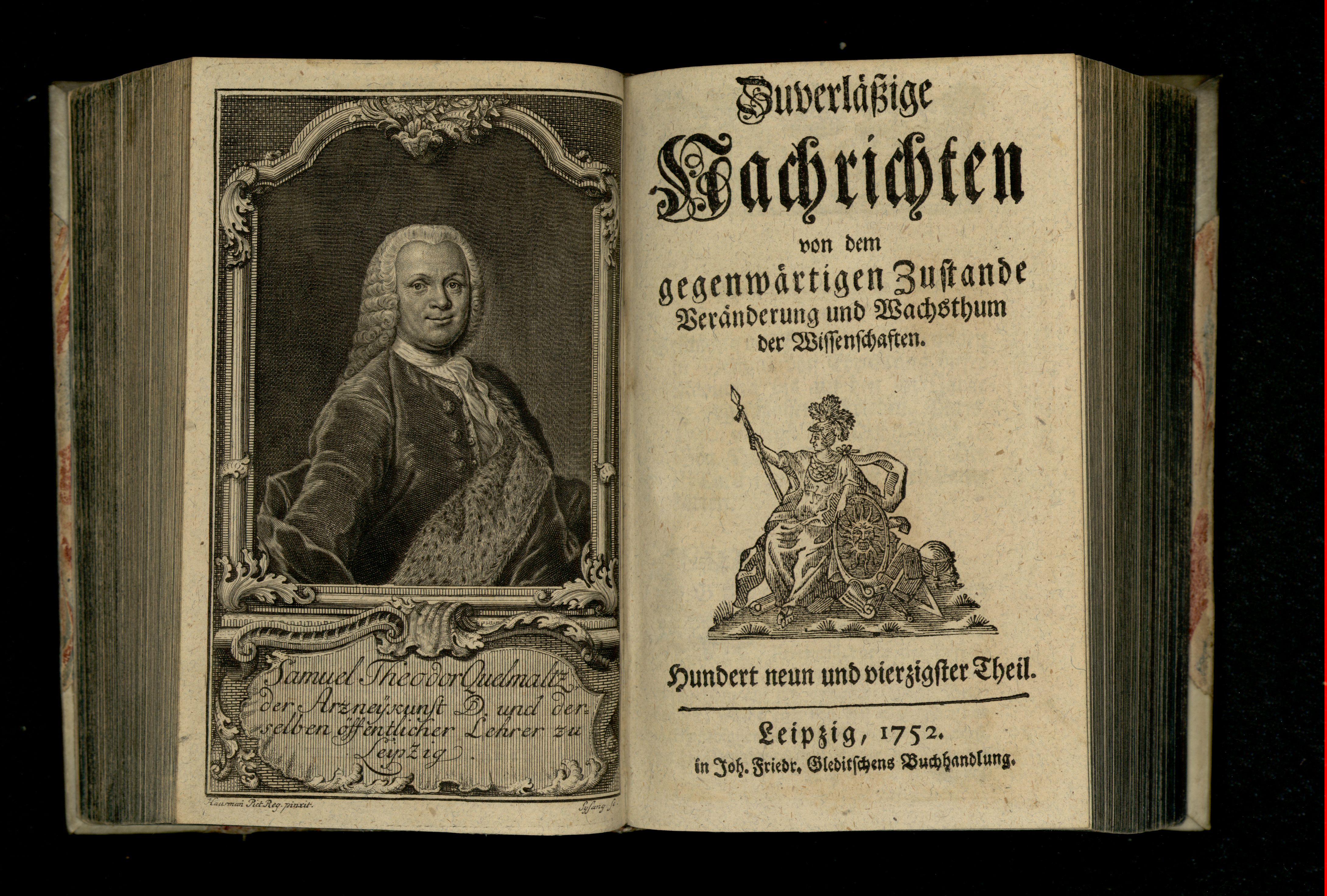 Porträt von Quelmalz, Samuel Theodor  (Zuverläßige Nachrichten von dem gegenwärtigen Zustande der Wissenschaften., 1752, 149. T., ungez. Bl. vor S. 324. [Doppelseite])