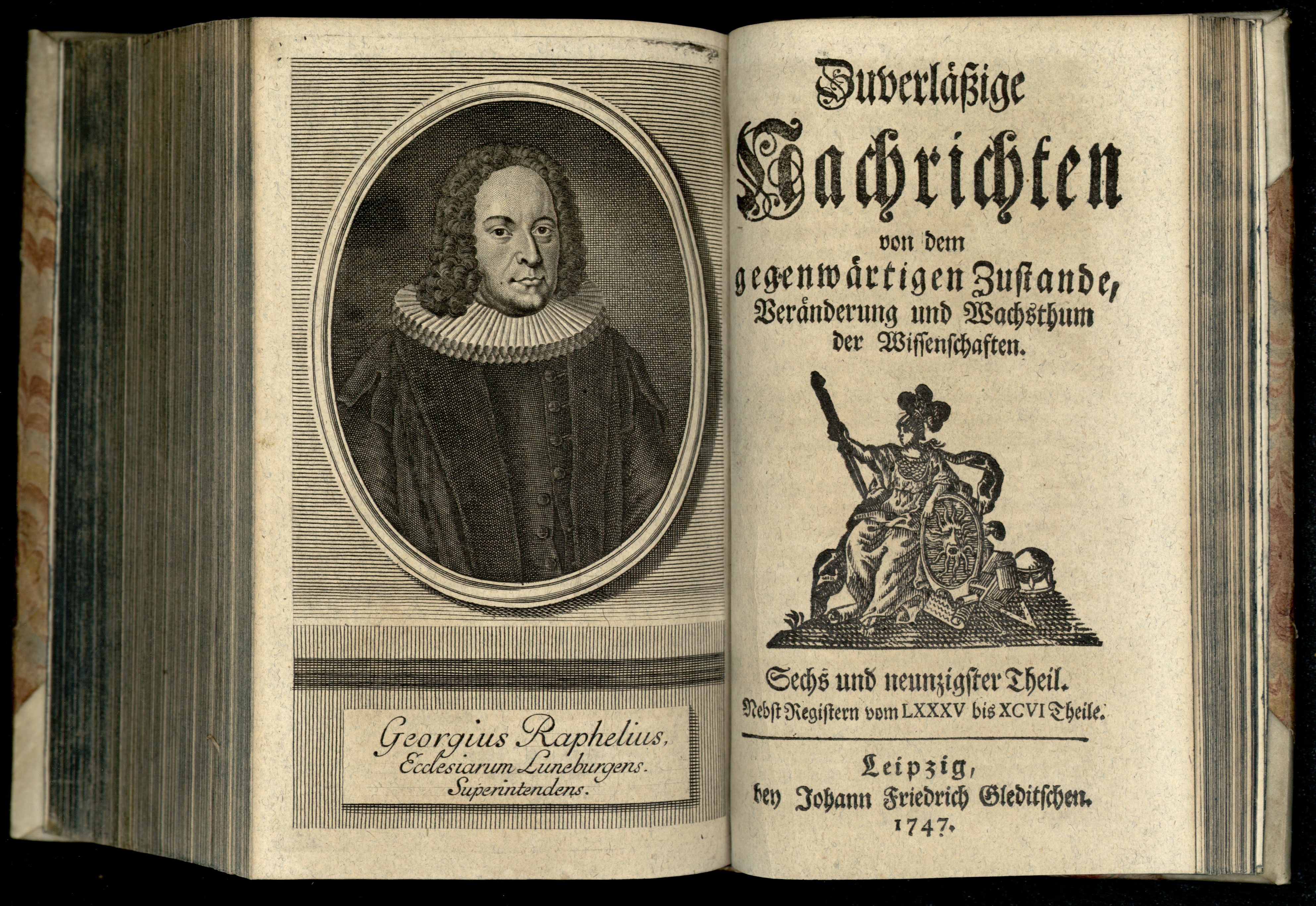 Porträt von Raphel, Georg  (Zuverläßige Nachrichten von dem gegenwärtigen Zustande der Wissenschaften., 1747, 96. T., ungez. Bl. vor S. 862. [Doppelseite])