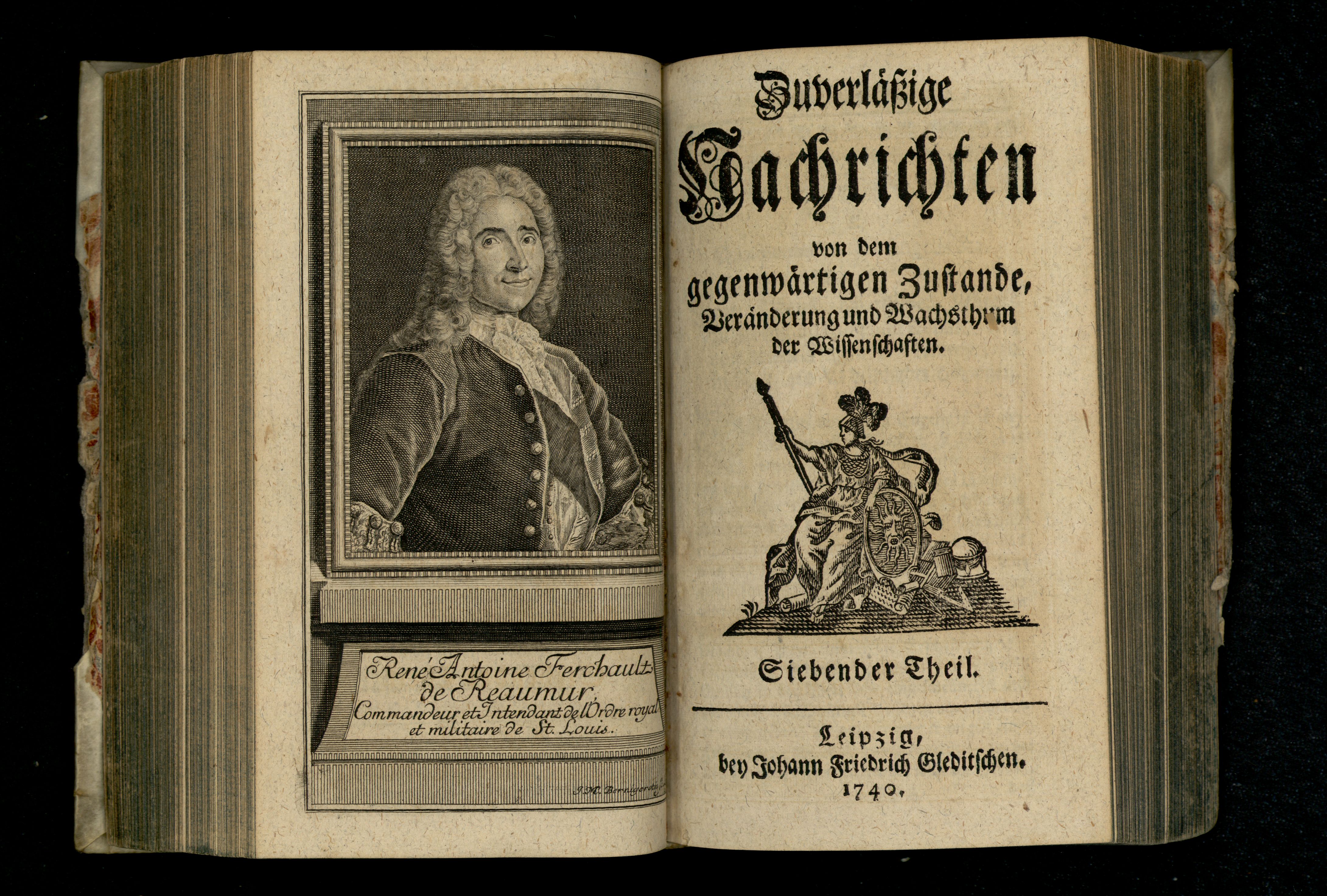 Porträt von Réaumur, René Antoine Ferchault de  (Zuverläßige Nachrichten von dem gegenwärtigen Zustande der Wissenschaften., 1740, 7. T., ungez. Bl. vor S. 449. [Doppelseite])