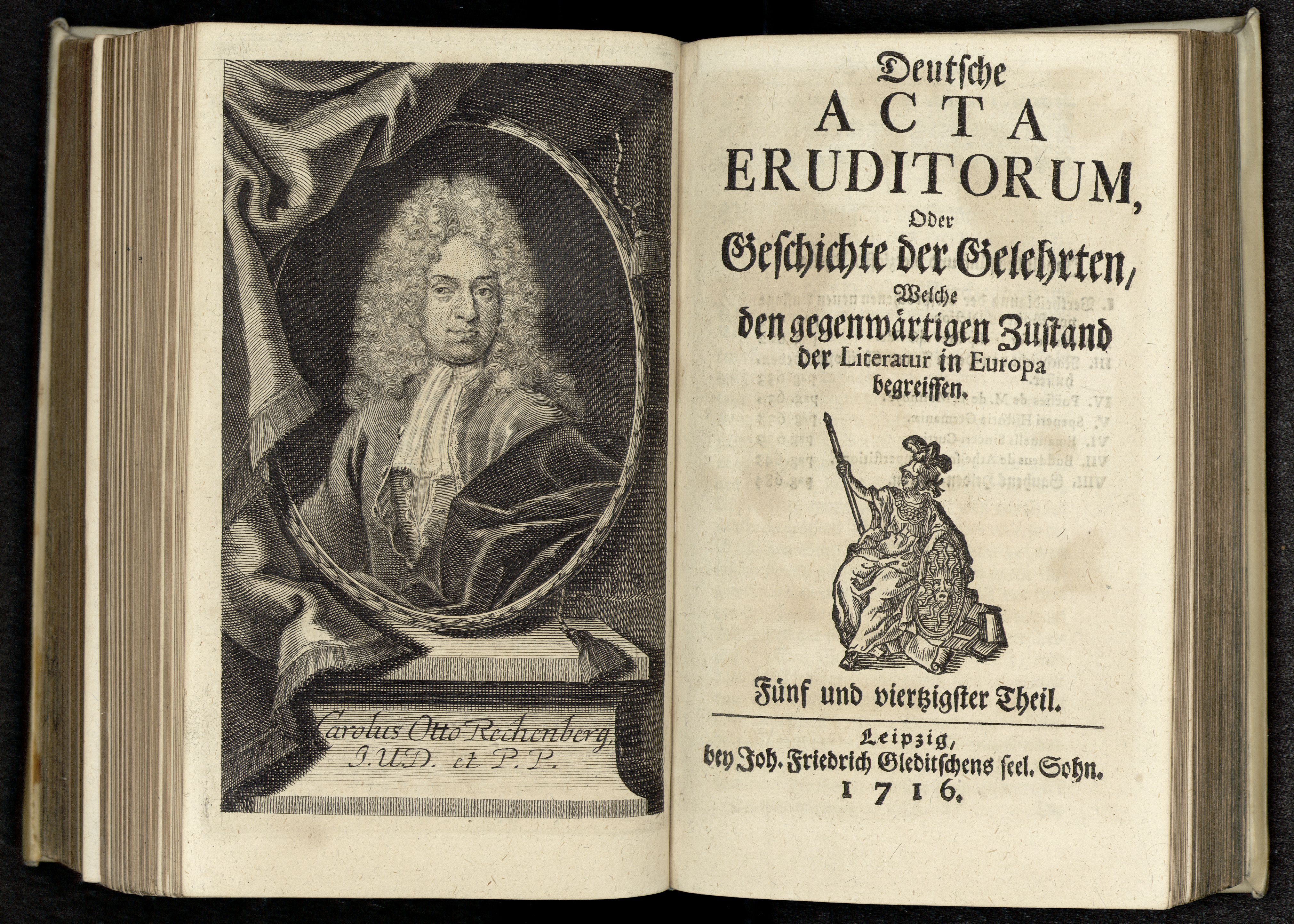 Porträt von Rechenberg, Karl Otto  (Deutsche Acta Eruditorum., 1716, 45. T., ungez. Bl. vor S. 609. [Doppelseite])
