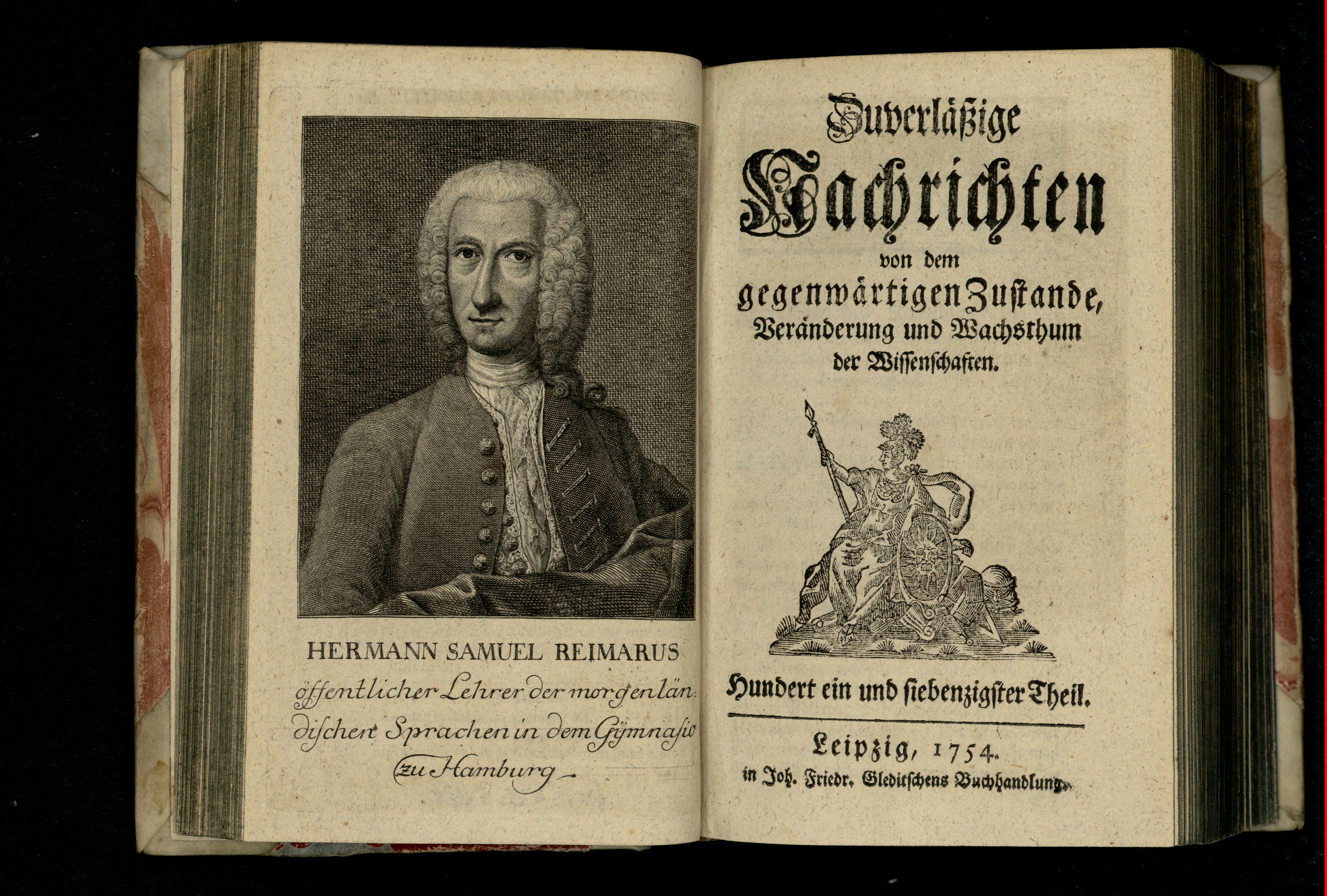 Porträt von Reimarus, Hermann Samuel  (Zuverläßige Nachrichten von dem gegenwärtigen Zustande der Wissenschaften., 1754, 171. T., ungez. Bl. vor S. 160. [Doppelseite])