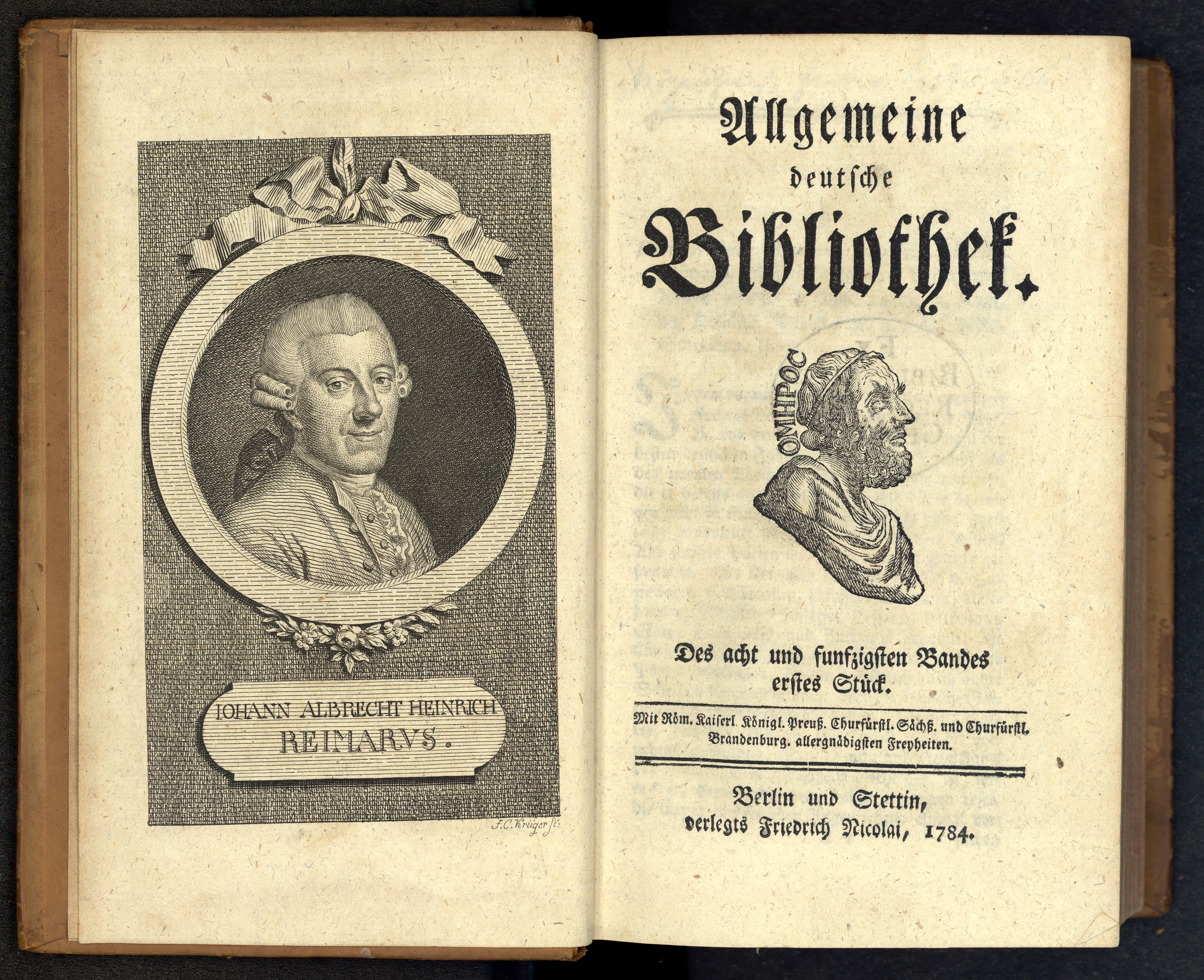 Porträt von Reimarus, Johann Albert Heinrich  (Allgemeine deutsche Bibliothek., 1784, 58. Bd., 1. St., ungez. Bl. am Anf. d. Bandes. [Doppelseite])