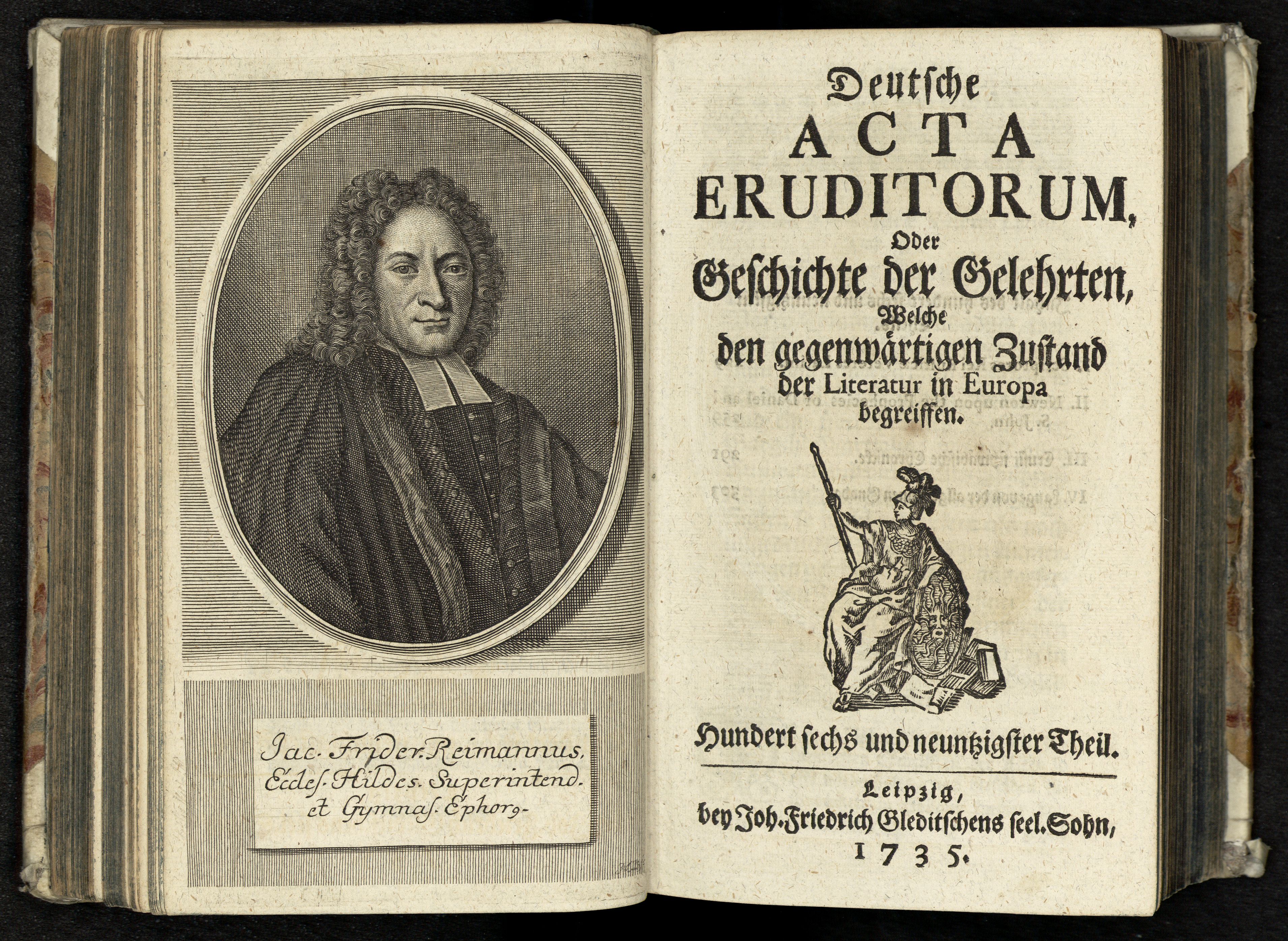 Porträt von Reimmann, Jacob Friedrich  (Deutsche Acta Eruditorum., 1735, 196. T., ungez. Bl. vor S. 229. [Doppelseite])