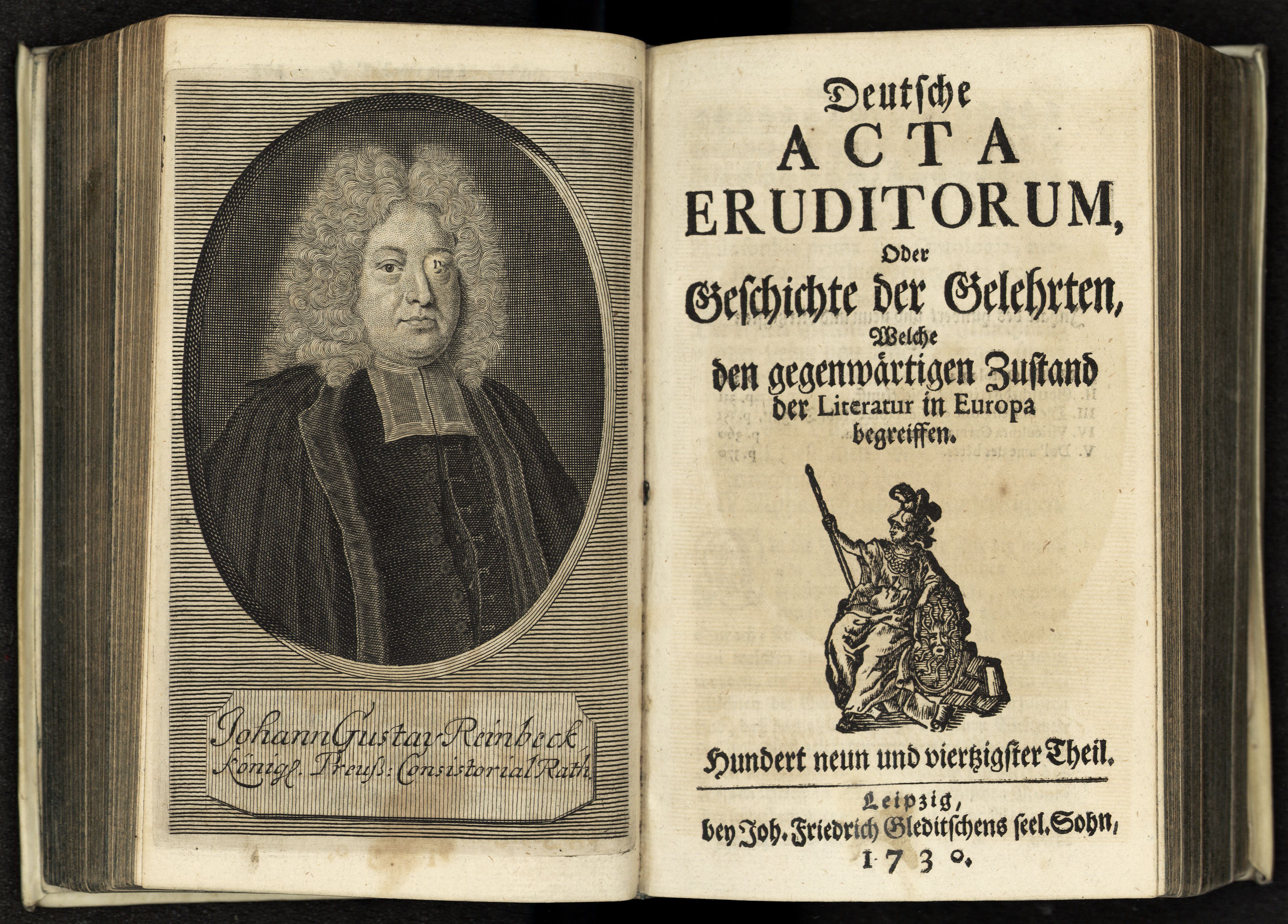 Porträt von Reinbeck, Johann Gustav  (Deutsche Acta Eruditorum., 1730, 149. T., ungez. Bl. vor S. 305. [Doppelseite])