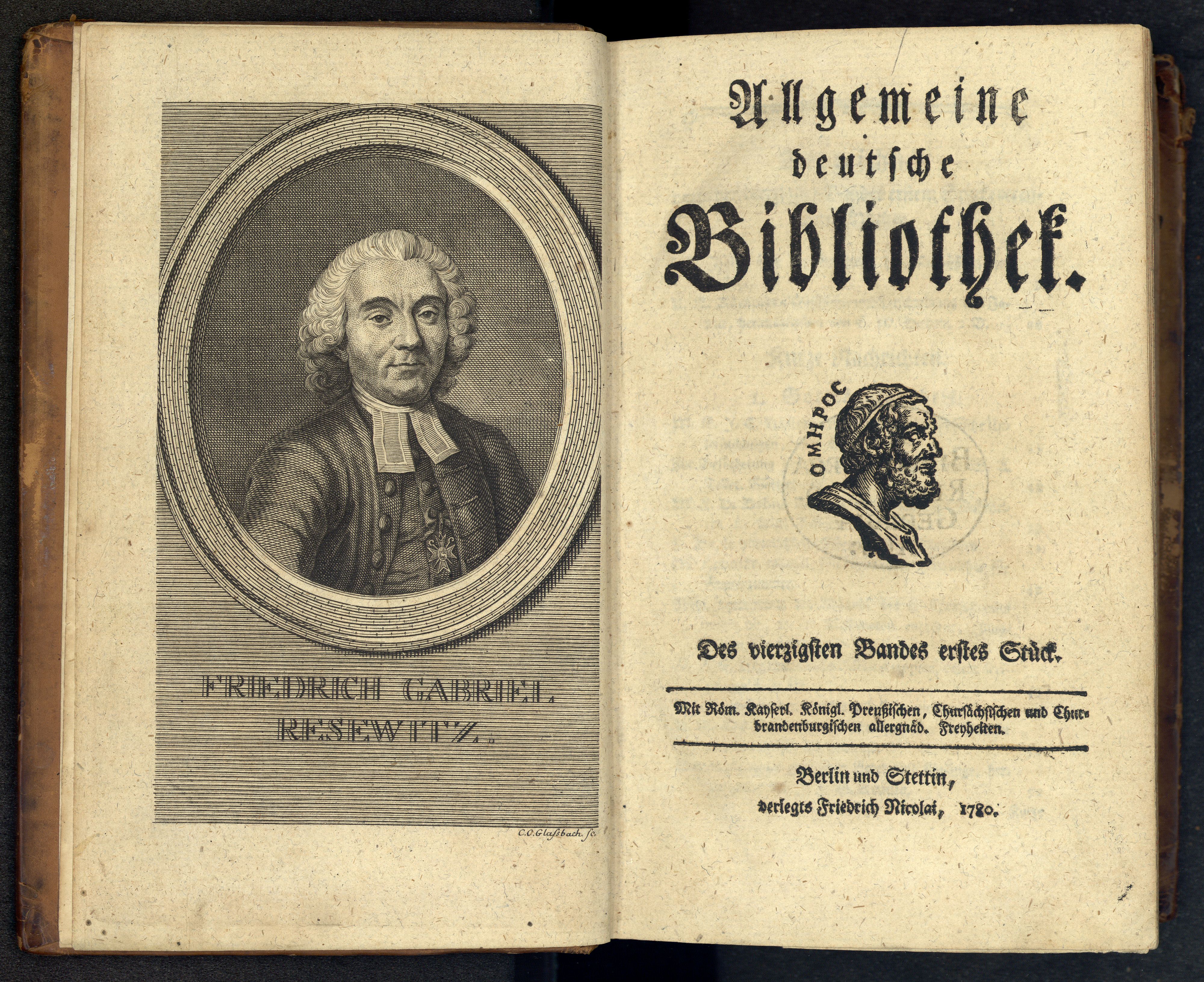 Porträt von Resewitz, Friedrich Gabriel  (Allgemeine deutsche Bibliothek., 1780, 40. Bd., 1. St., ungez. Bl. am Anf. d. Bandes. [Doppelseite])