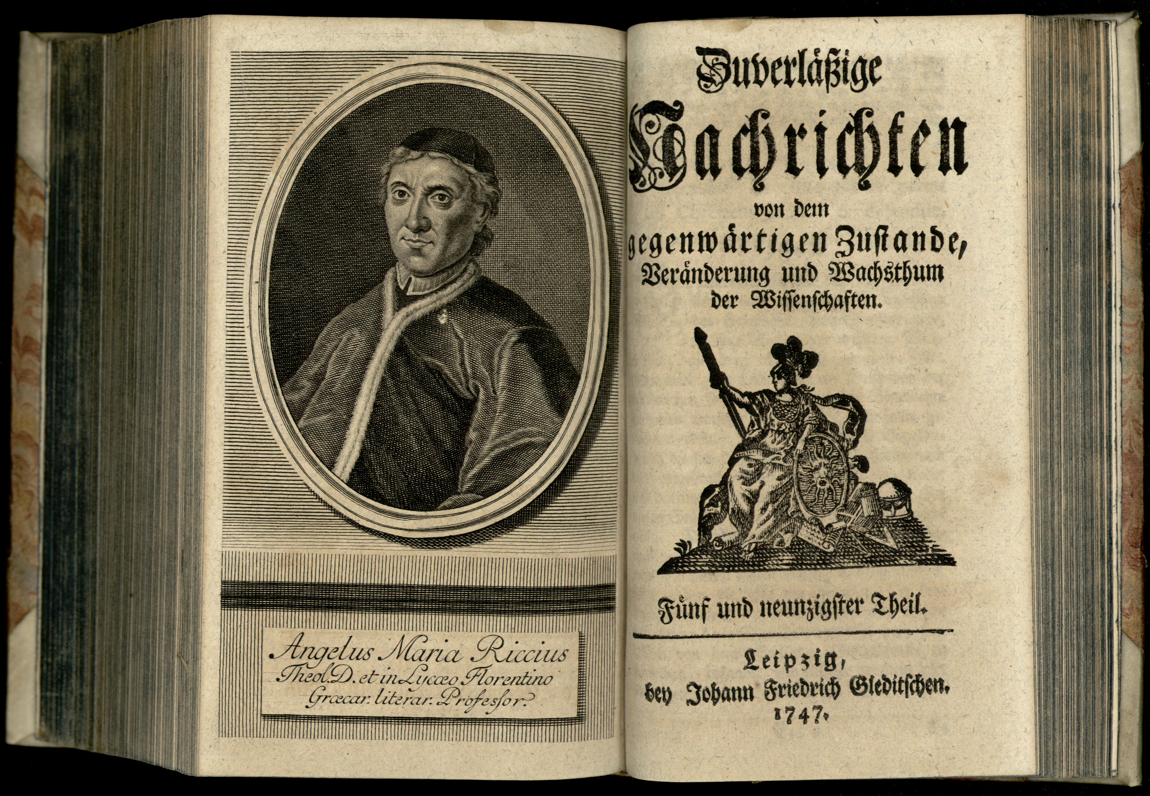 Porträt von Ricci, Angiol Maria  (Zuverläßige Nachrichten von dem gegenwärtigen Zustande der Wissenschaften., 1747, 95. T., ungez. Bl. vor S. 784. [Doppelseite])