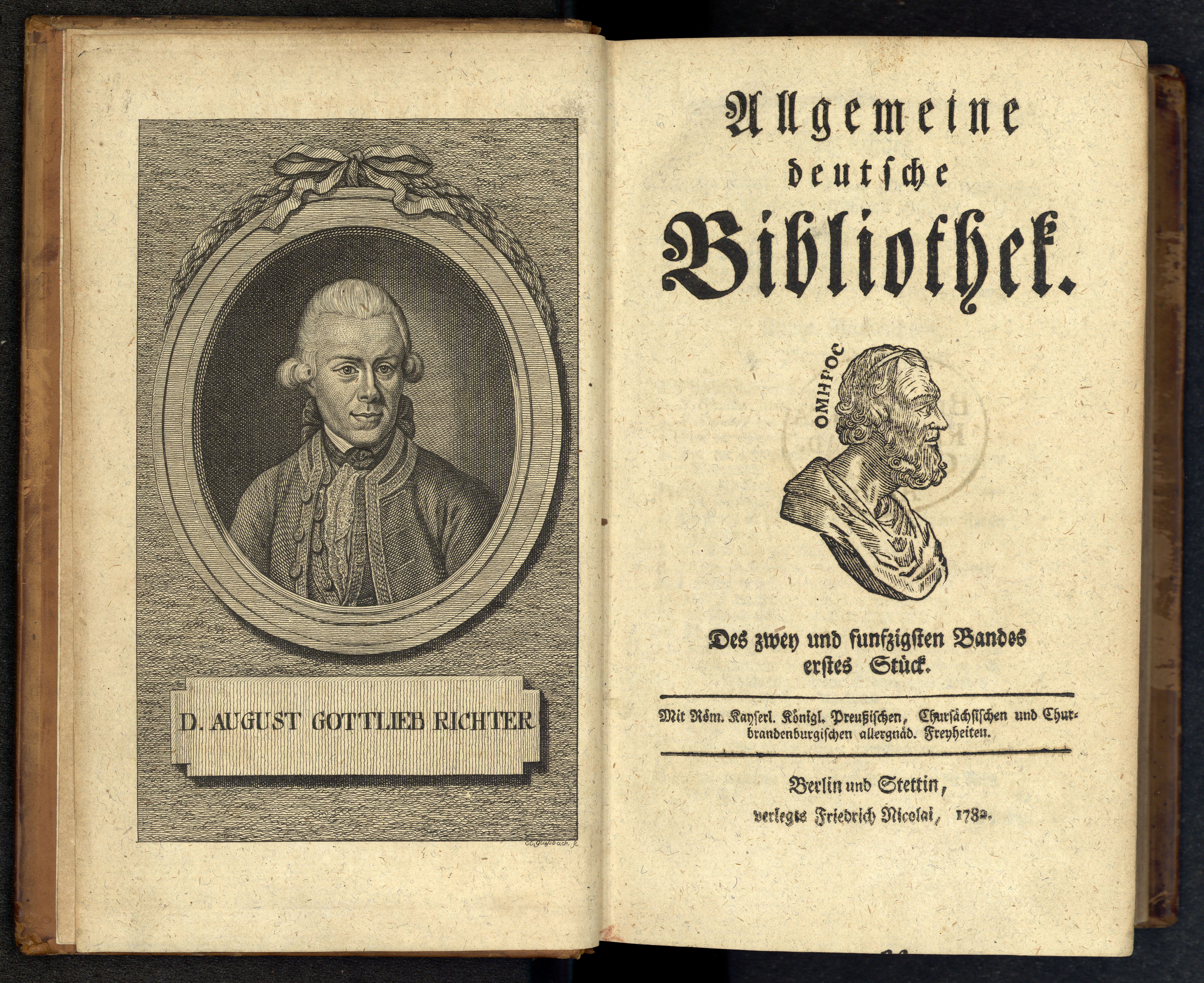 Porträt von Richter, August Gottlieb  (Allgemeine deutsche Bibliothek., 1782, 52. Bd., 1. St., ungez. Bl. am Anf. d. Bandes. [Doppelseite])