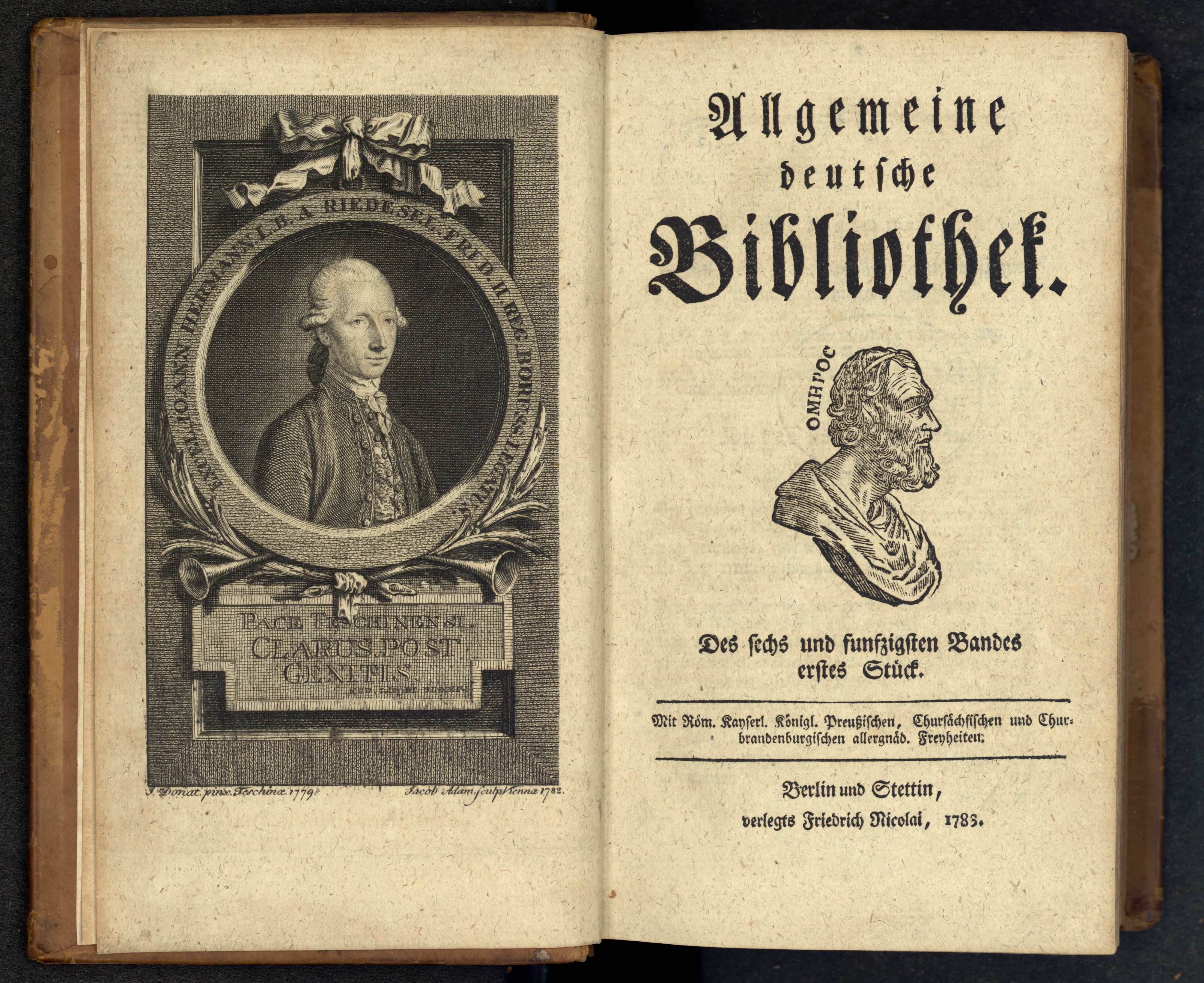 Porträt von Riedesel, Johann Hermann  (Allgemeine deutsche Bibliothek., 1783, 56. Bd., 1. St., ungez. Bl. am Anf. d. Bandes. [Doppelseite])
