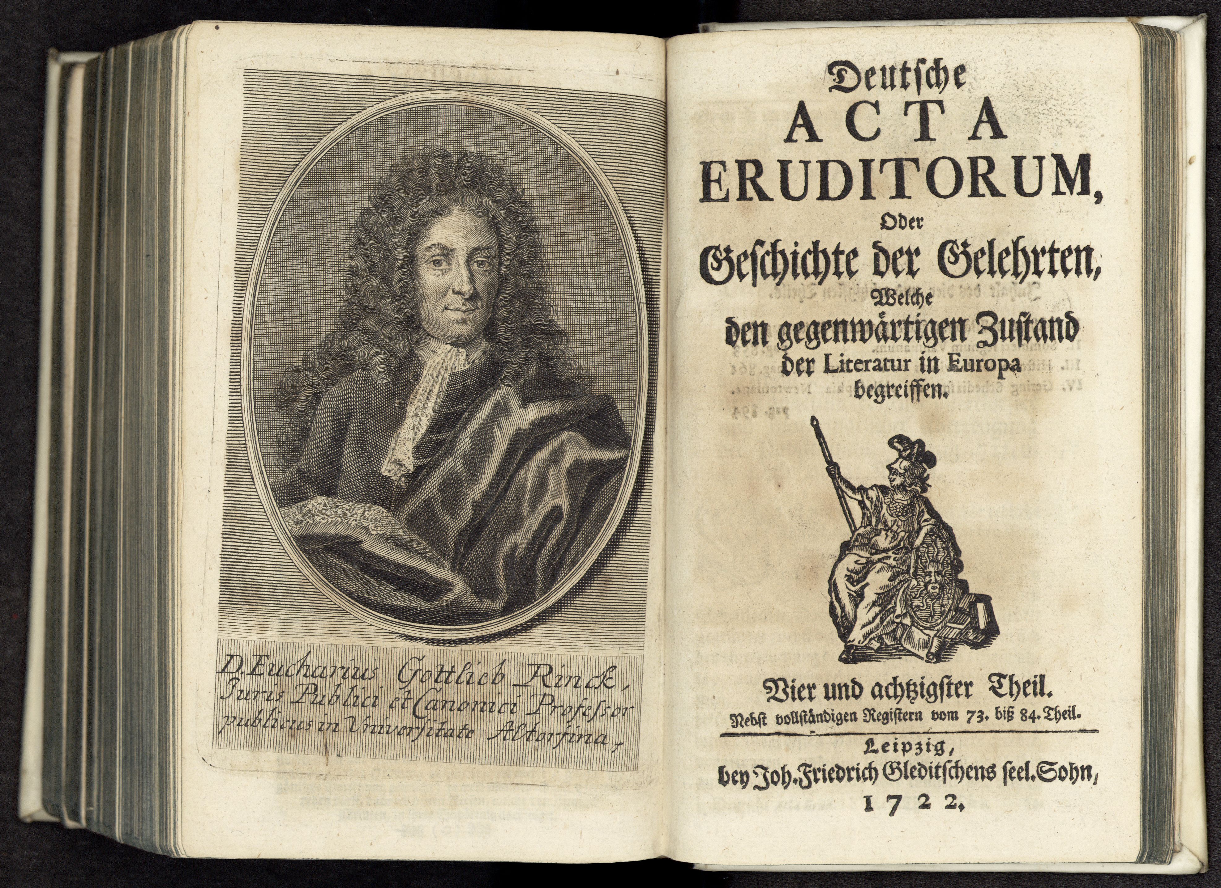 Porträt von Rink, Eucharius Gottlieb  (Deutsche Acta Eruditorum., 1722, 84. T., ungez. Bl. vor S. 835. [Doppelseite])