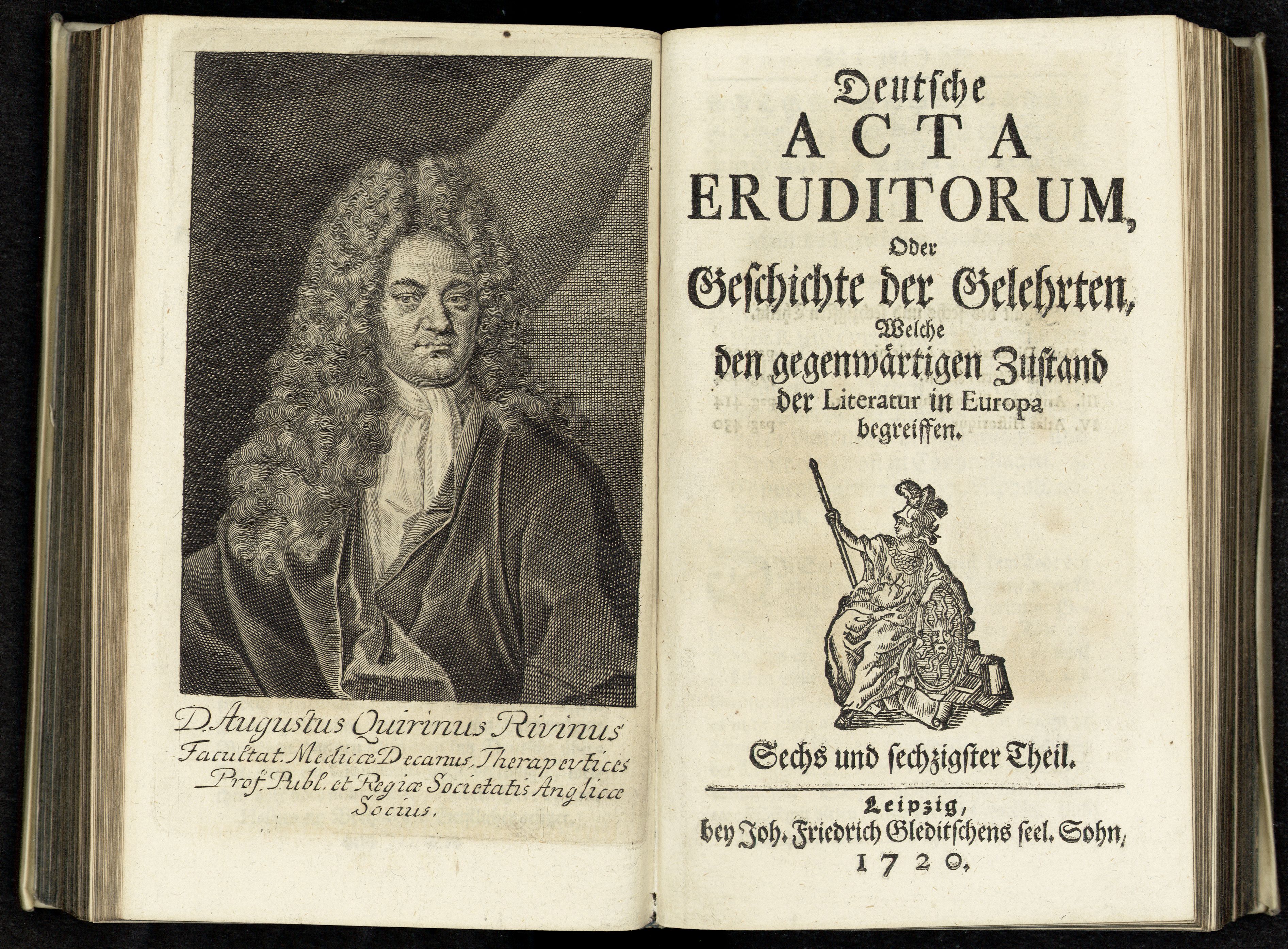 Porträt von Rivinus, Augustus Quirinus  (Deutsche Acta Eruditorum., 1720, 66. T., ungez. Bl. vor S. 381. [Doppelseite])
