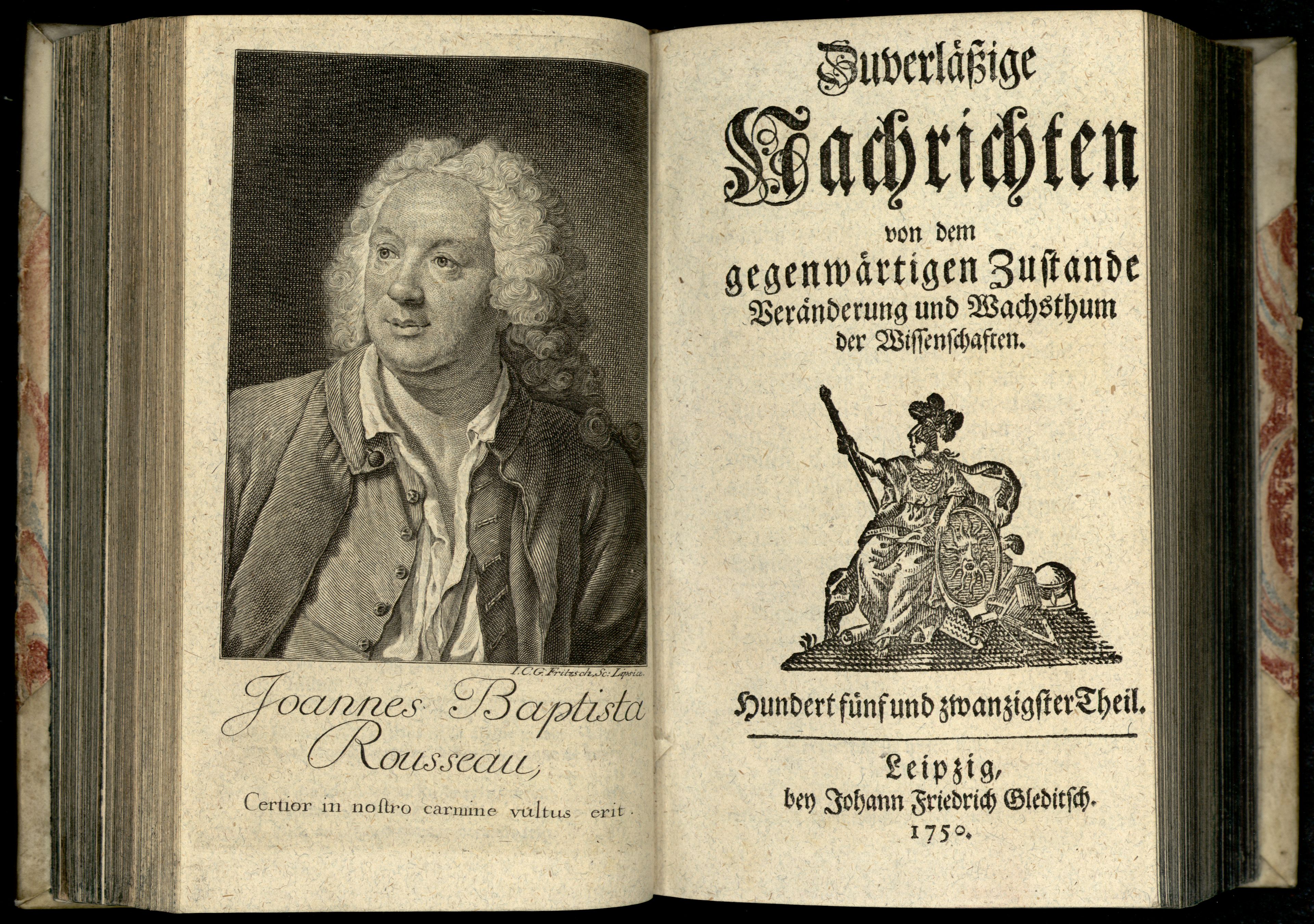 Porträt von Rousseau, Jean-Baptiste  (Zuverläßige Nachrichten von dem gegenwärtigen Zustande der Wissenschaften., 1750, 125. T., ungez. Bl. vor S. 316. [Doppelseite])