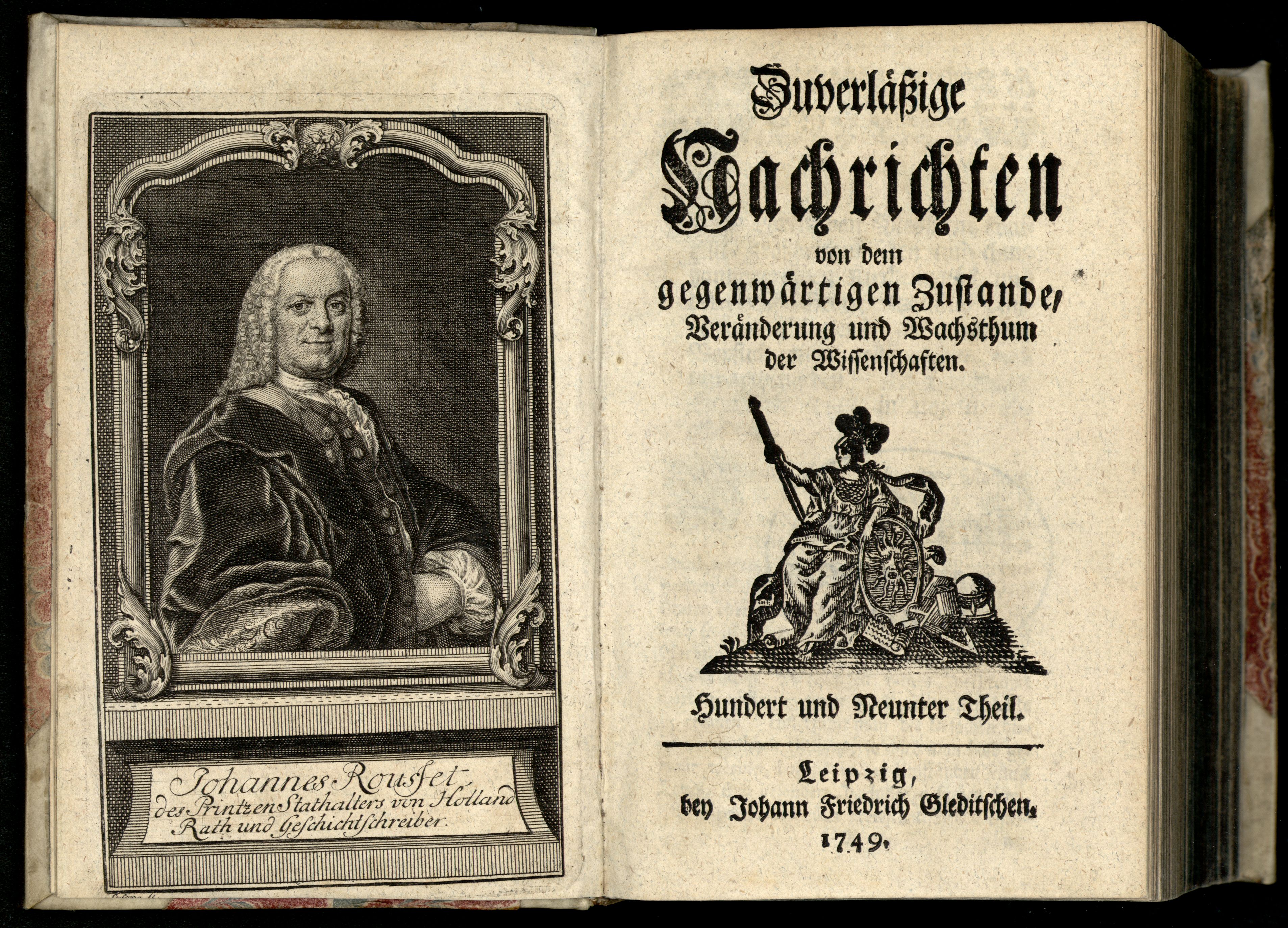 Porträt von Rousset de Missy, Jean  (Zuverläßige Nachrichten von dem gegenwärtigen Zustande der Wissenschaften., 1749, 109. T., ungez. Bl. am Anf. d. Bandes. [Doppelseite])
