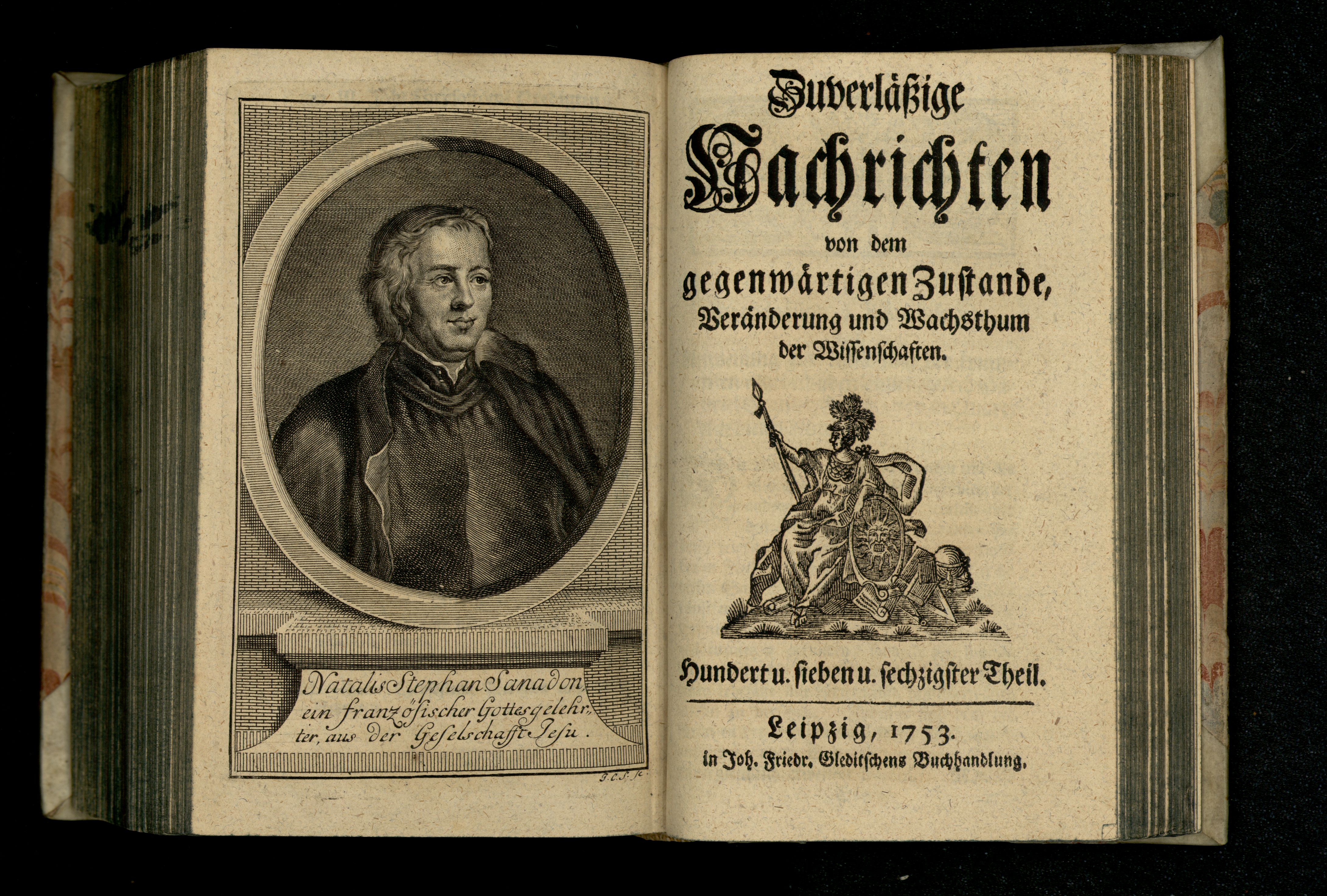 Porträt von Sanadon, Noël Etienne  (Zuverläßige Nachrichten von dem gegenwärtigen Zustande der Wissenschaften., 1753, 167. T., ungez. Bl. vor S. 786. [Doppelseite])