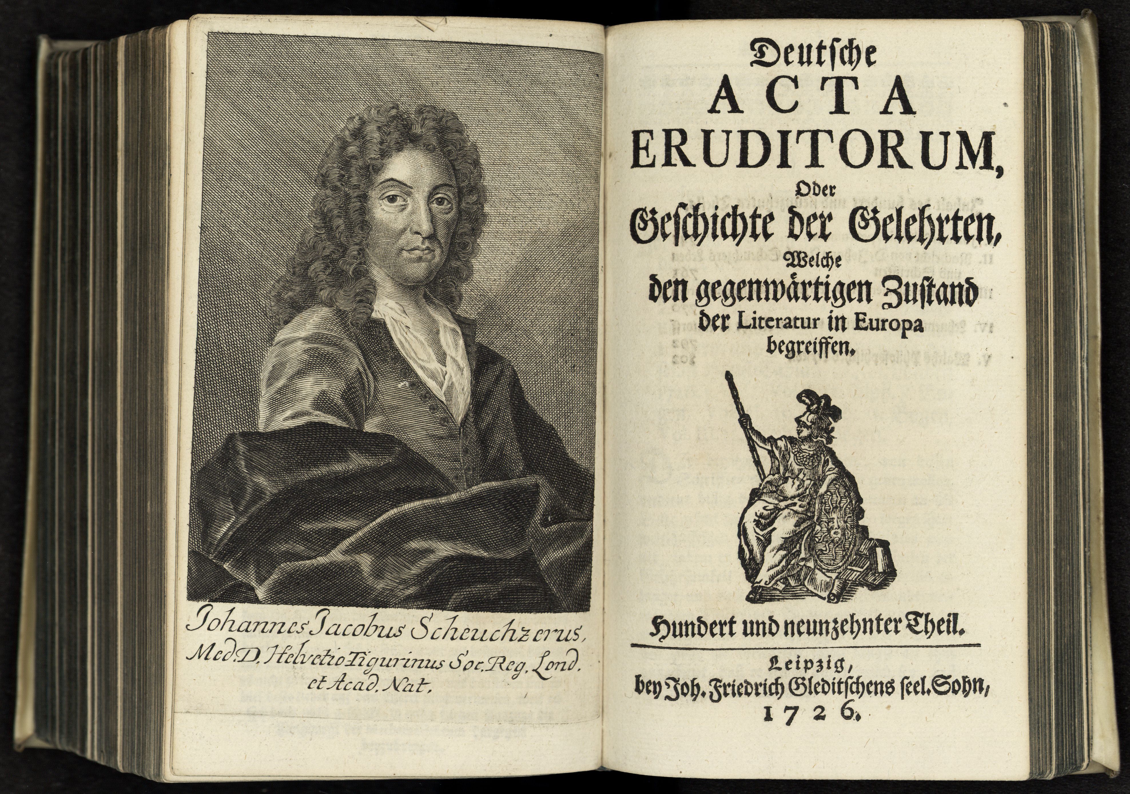 Porträt von Scheuchzer, Johann Jacob  (Deutsche Acta Eruditorum., 1726, 119. T., ungez. Bl. vor S. 741. [Doppelseite])
