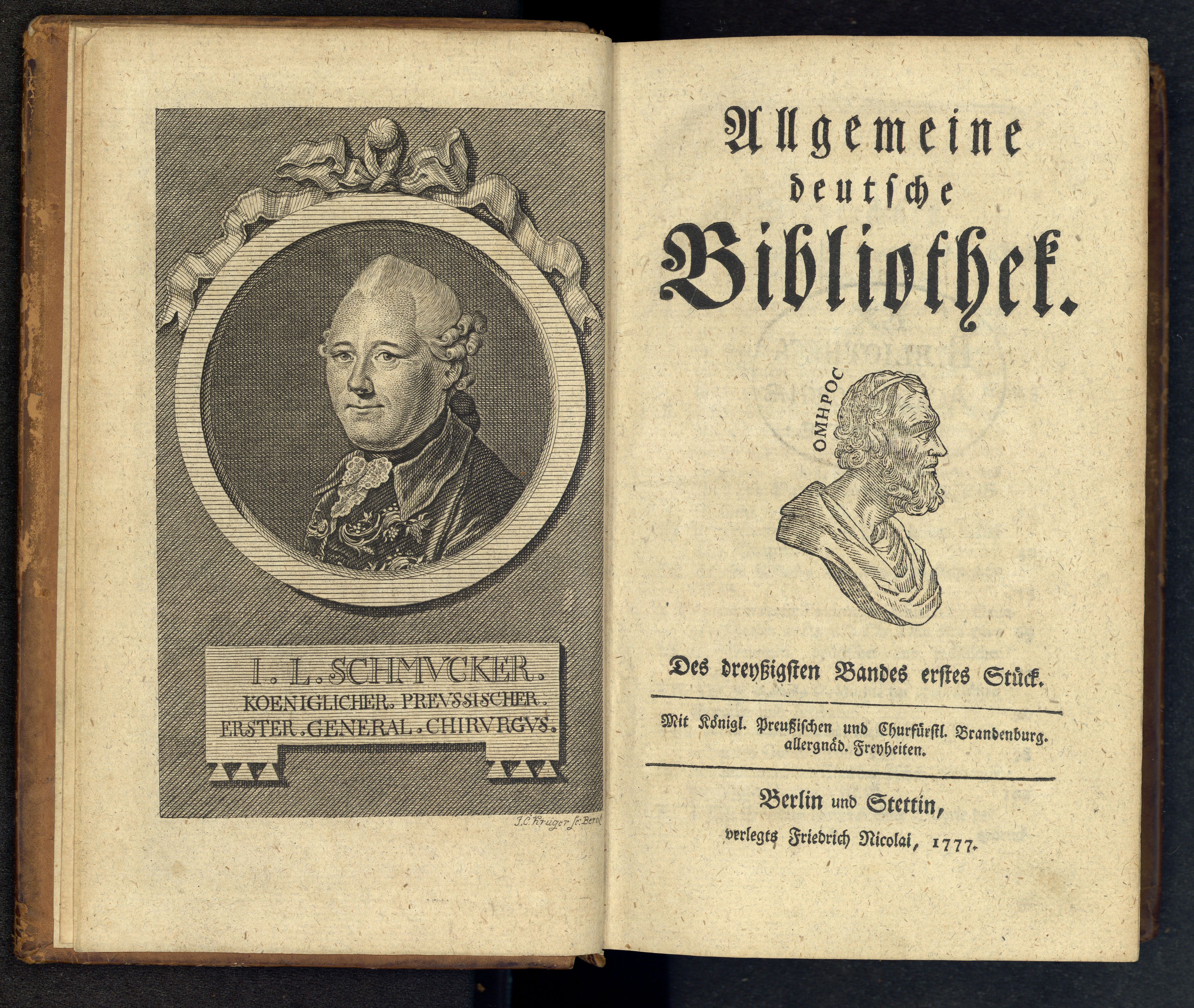 Porträt von Schmucker, Johann Leberecht  (Allgemeine deutsche Bibliothek., 1777, 30. Bd., 1. St., ungez. Bl. am Anf. d. Bandes. [Doppelseite])