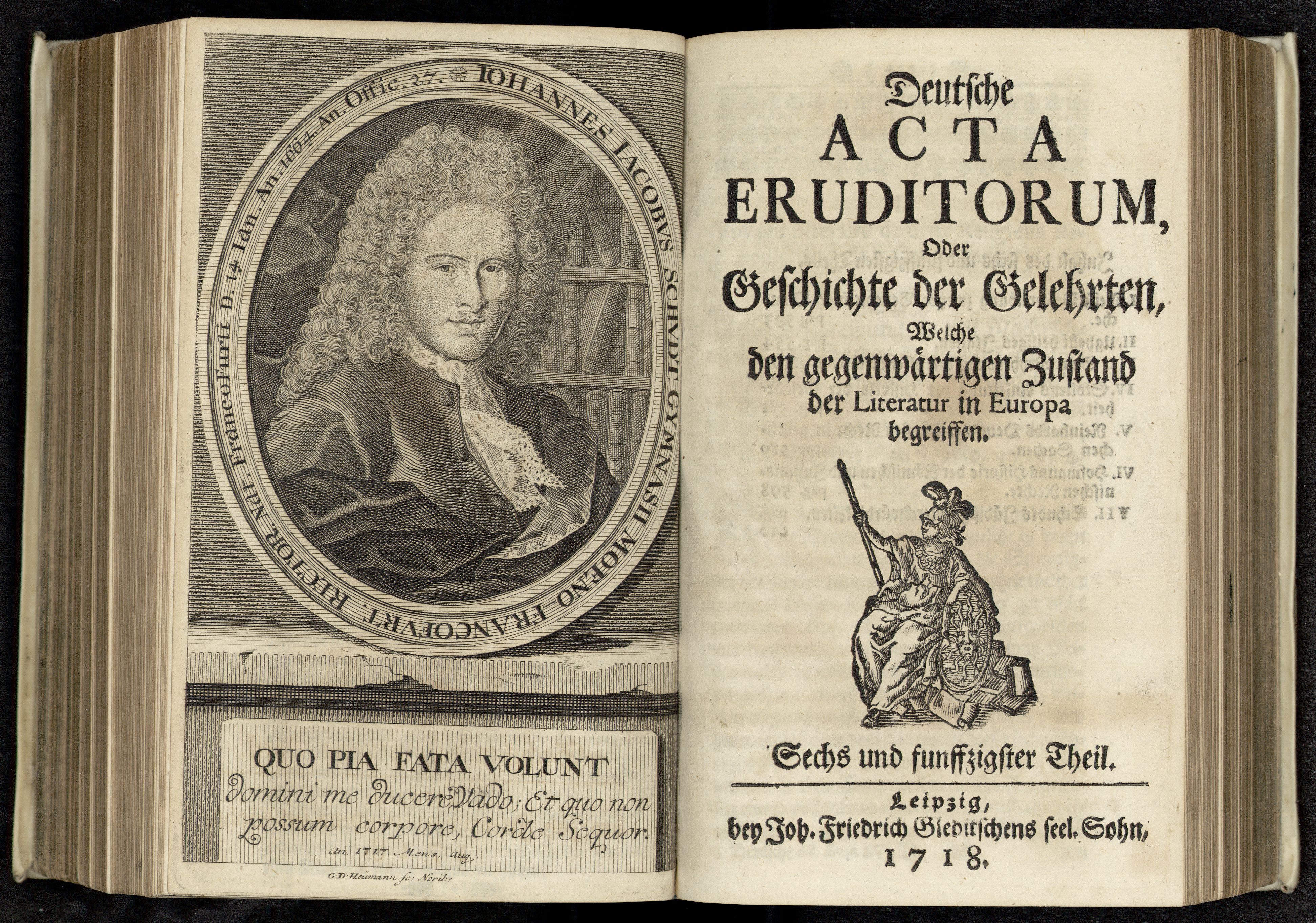 Porträt von Schudt, Johann Jakob  (Deutsche Acta Eruditorum., 1718, 56. T., ungez. Bl. vor S. 533. [Doppelseite])