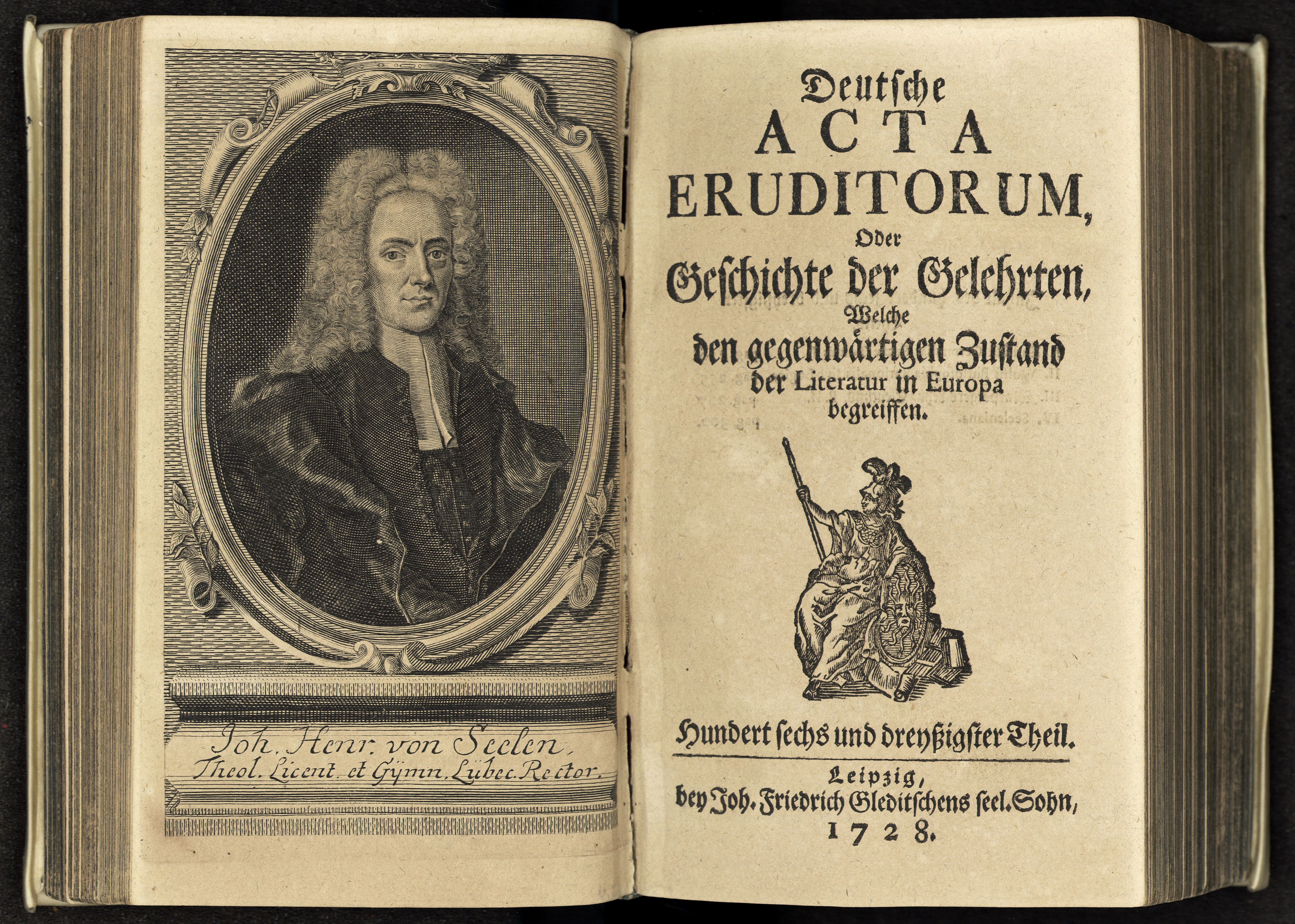 Porträt von Seelen, Johann Heinrich von  (Deutsche Acta Eruditorum., 1728, 136. T., ungez. Bl. vor S. 229. [Doppelseite])