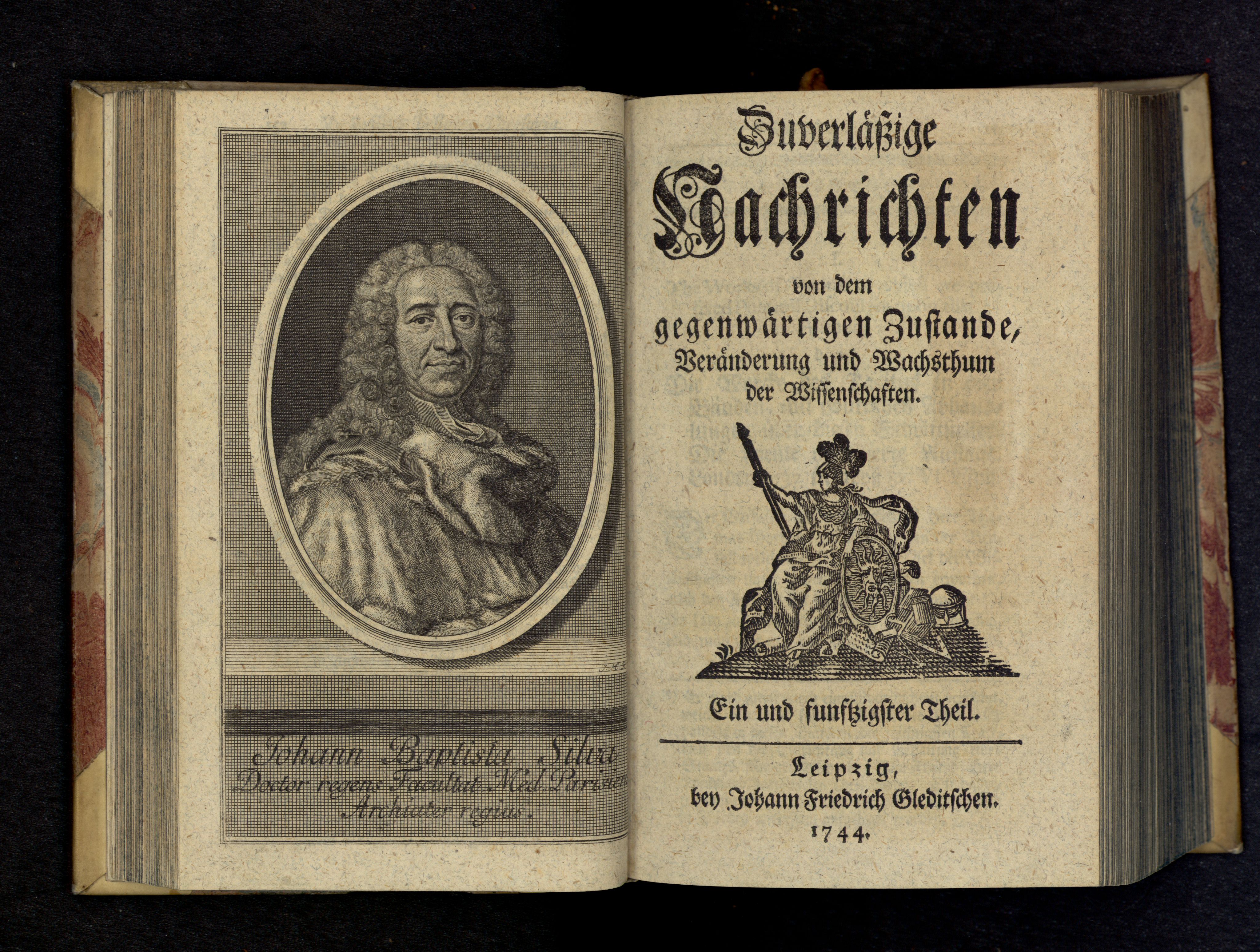 Porträt von Silva, Jean Baptiste  (Zuverläßige Nachrichten von dem gegenwärtigen Zustande der Wissenschaften., 1744, 51. T., S. 153. [Doppelseite])