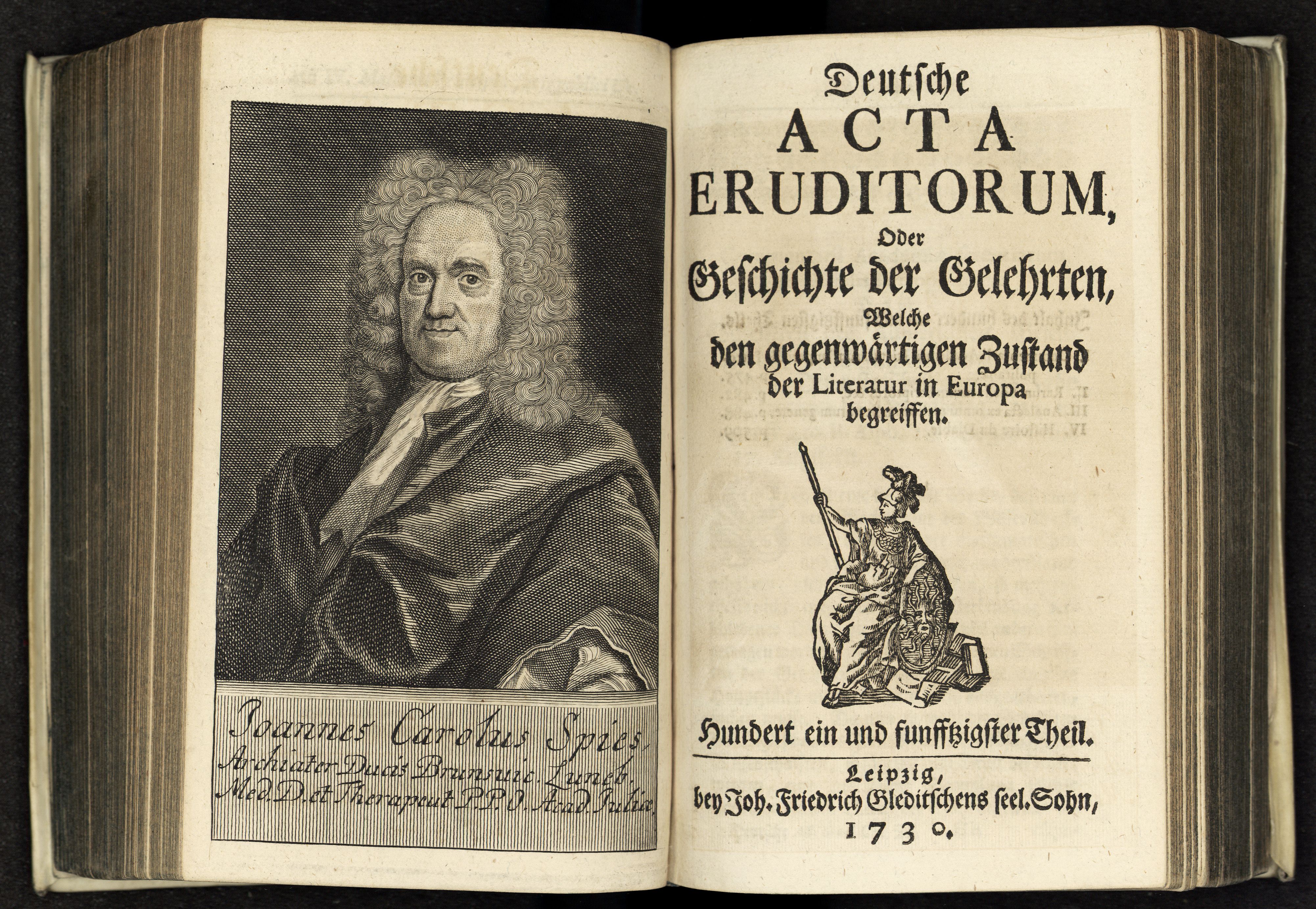 Porträt von Spiess, Johann Karl  (Deutsche Acta Eruditorum., 1730, 151. T., ungez. Bl. vor S. 457. [Doppelseite])