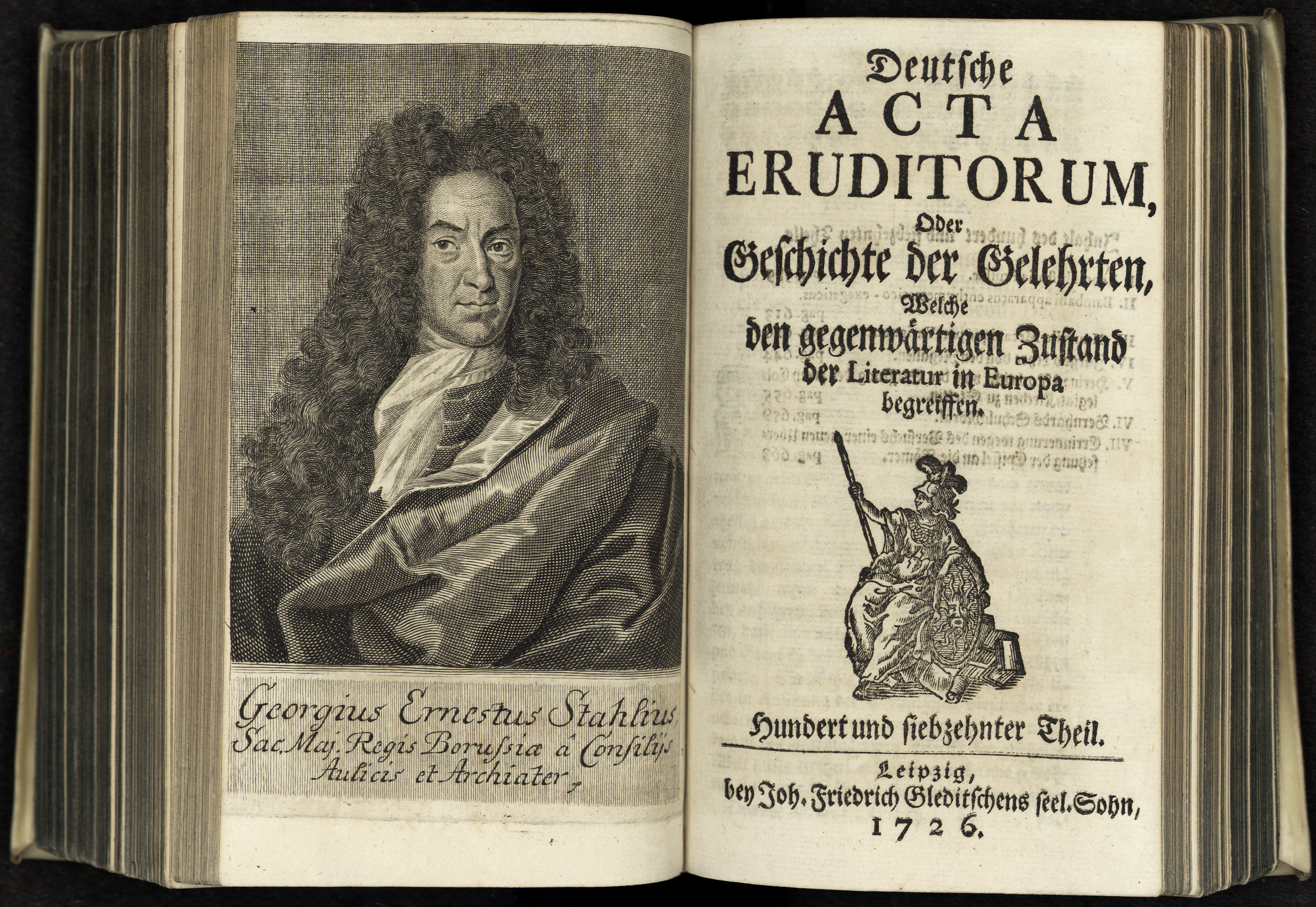 Porträt von Stahl, Georg Ernst  (Deutsche Acta Eruditorum., 1726, 117. T., ungez. Bl. vor S. 589. [Doppelseite])