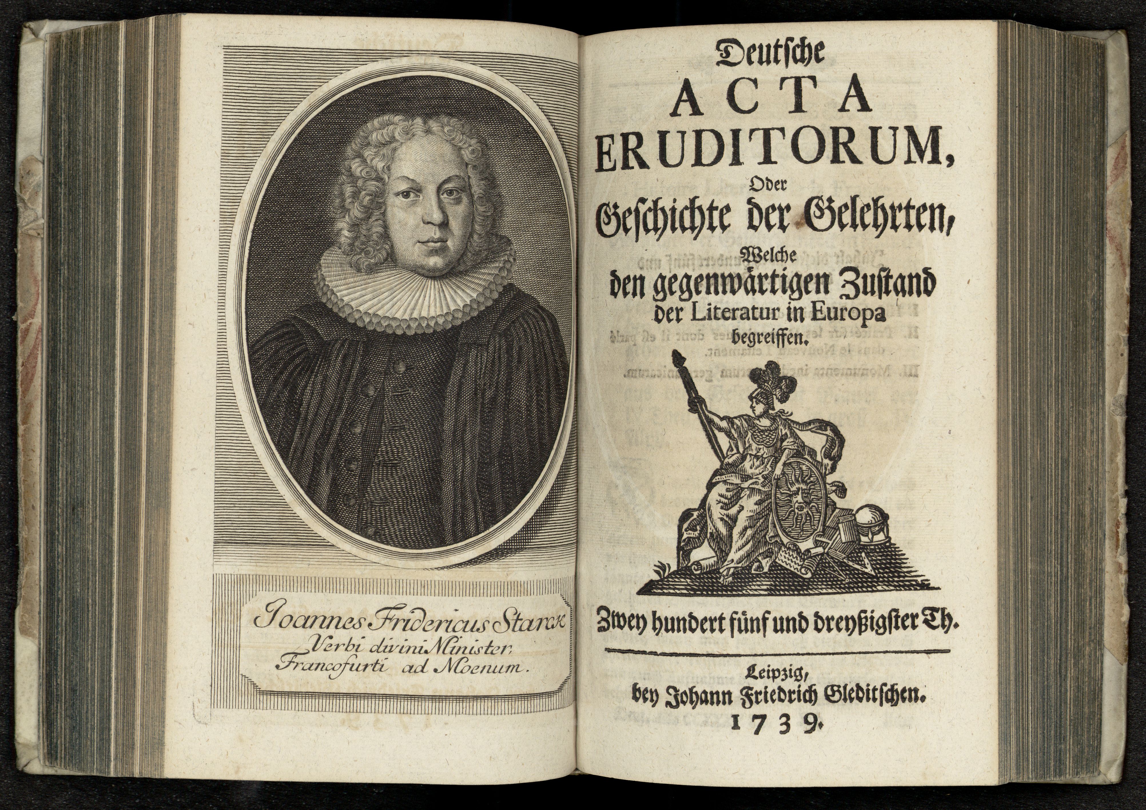 Porträt von Starck, Johann Friedrich  (Deutsche Acta Eruditorum., 1739, 235. T., ungez. Bl. vor S. 457. [Doppelseite])