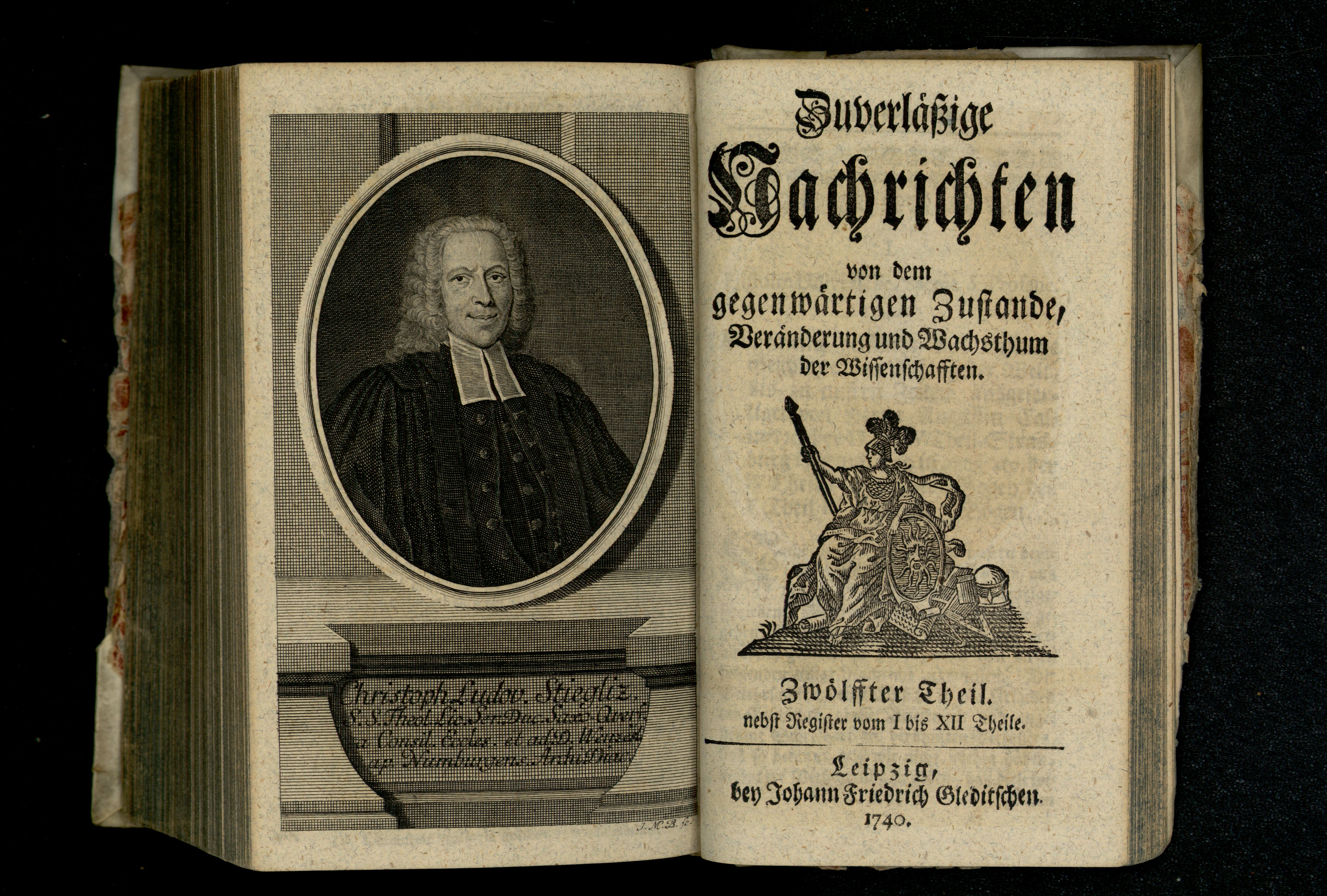 Porträt von Stieglitz, Christoph Ludwig  (Zuverläßige Nachrichten von dem gegenwärtigen Zustande der Wissenschaften., 1740, 12. T., ungez. Bl. vor S. 829. [Doppelseite])