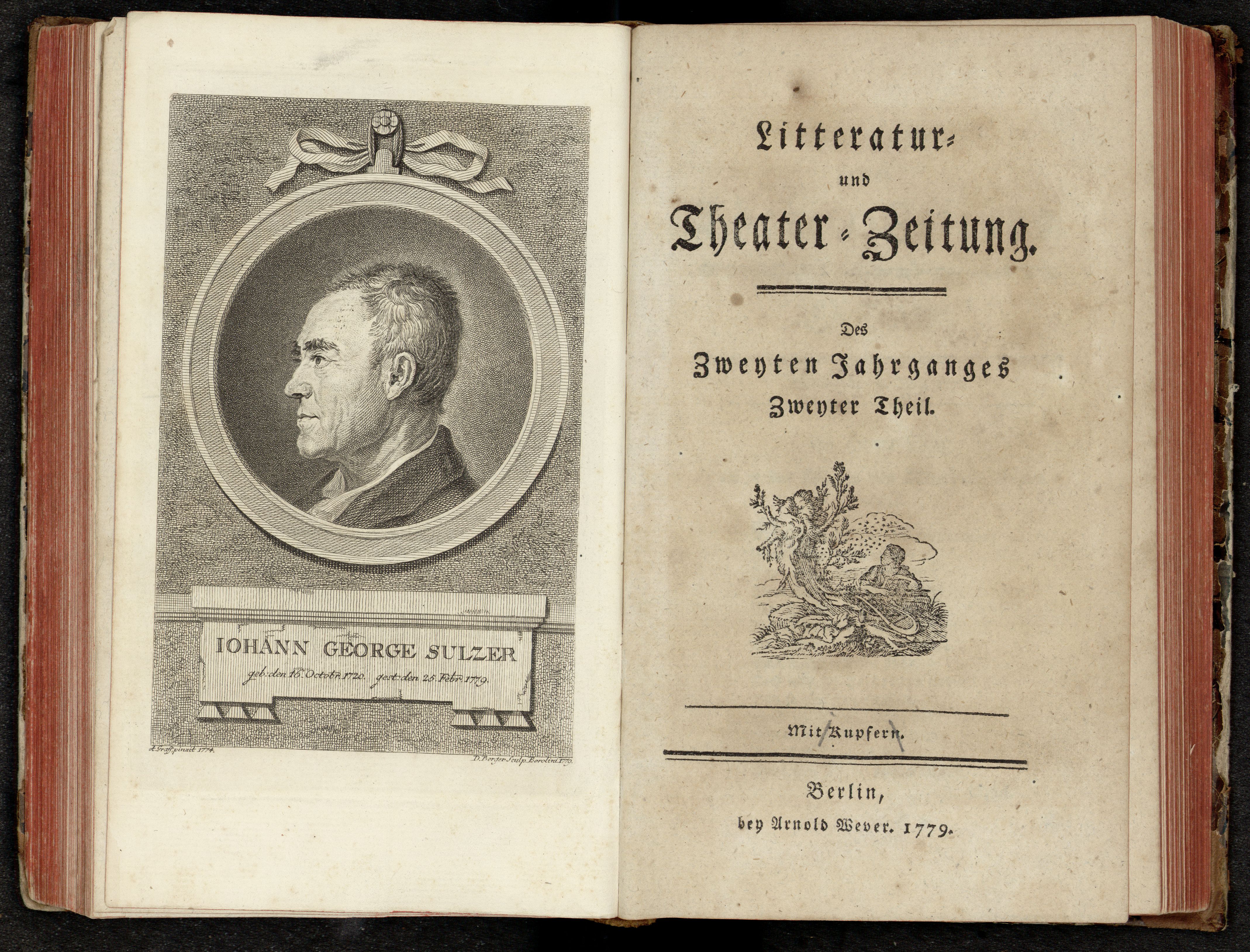 Porträt von Sulzer, Johann Georg  (Litteratur- u. Theater-Zeitung., 1779, 2. T., ungez. Bl. am Anf. d. 2. Teils. [Doppelseite])