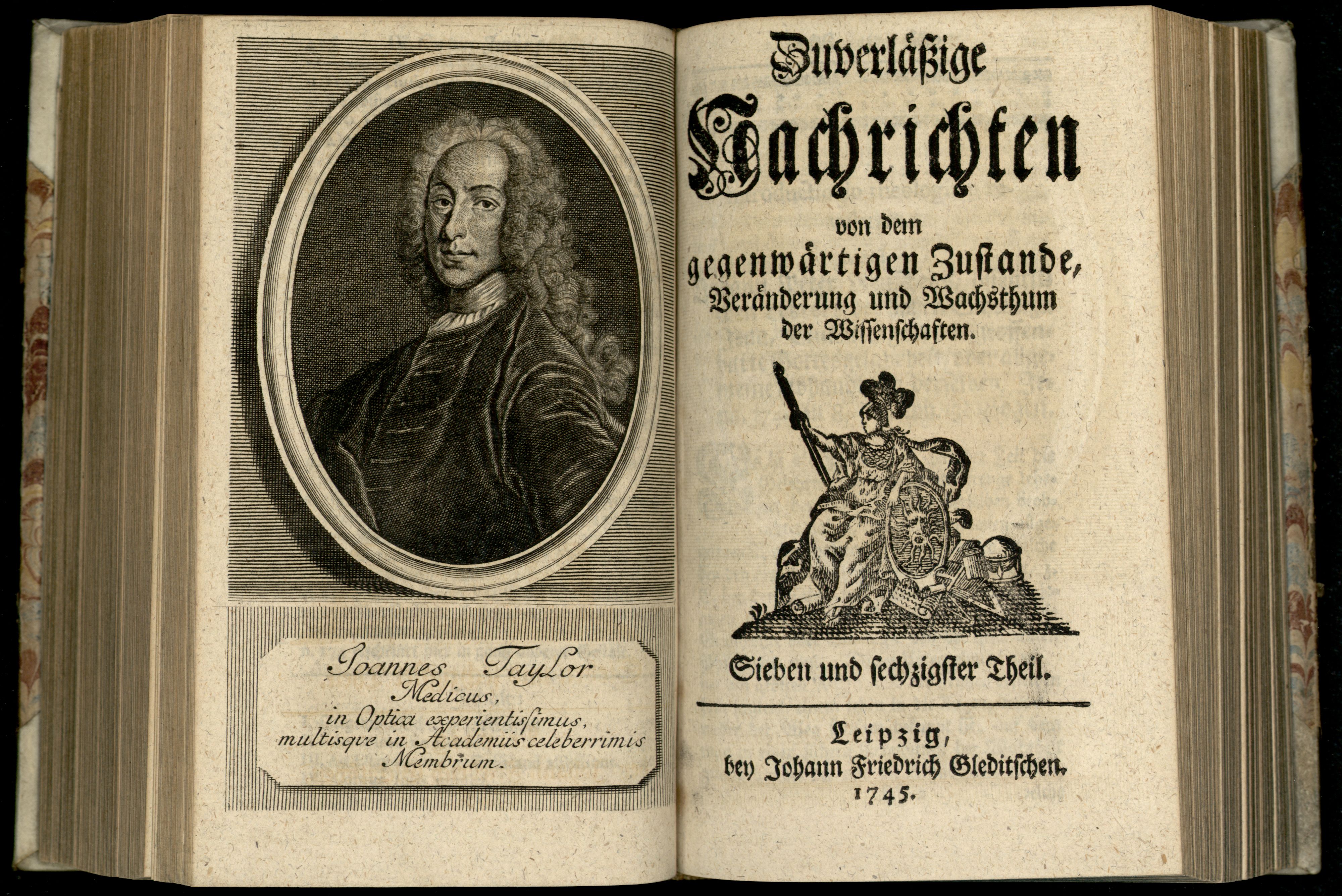 Porträt von Taylor, John  (Zuverläßige Nachrichten von dem gegenwärtigen Zustande der Wissenschaften., 1745, 67. T., ungez. Bl. vor S. 457. [Doppelseite])