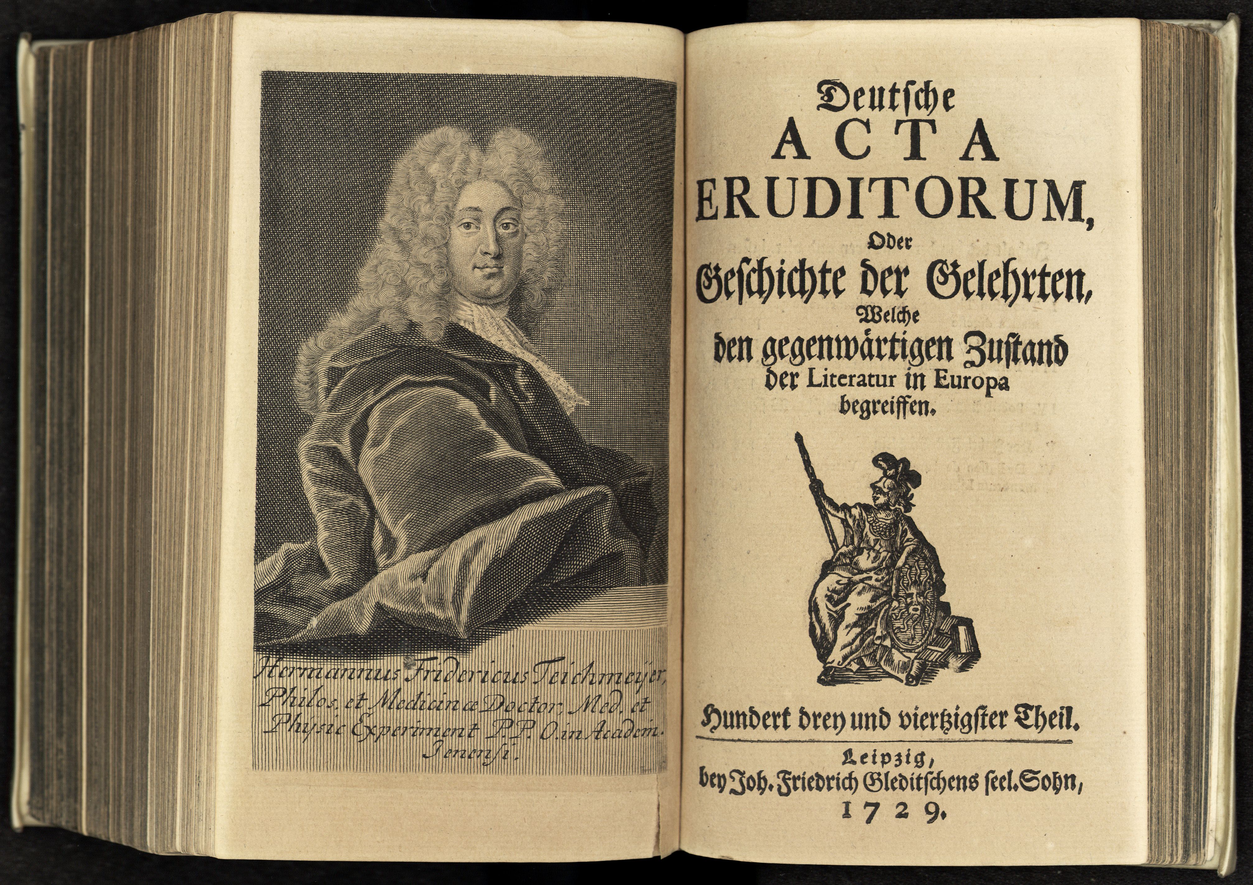 Porträt von Teichmeyer, Hermann Friedrich  (Deutsche Acta Eruditorum., 1729, 143. T., ungez. Bl. vor S. 769. [Doppelseite])